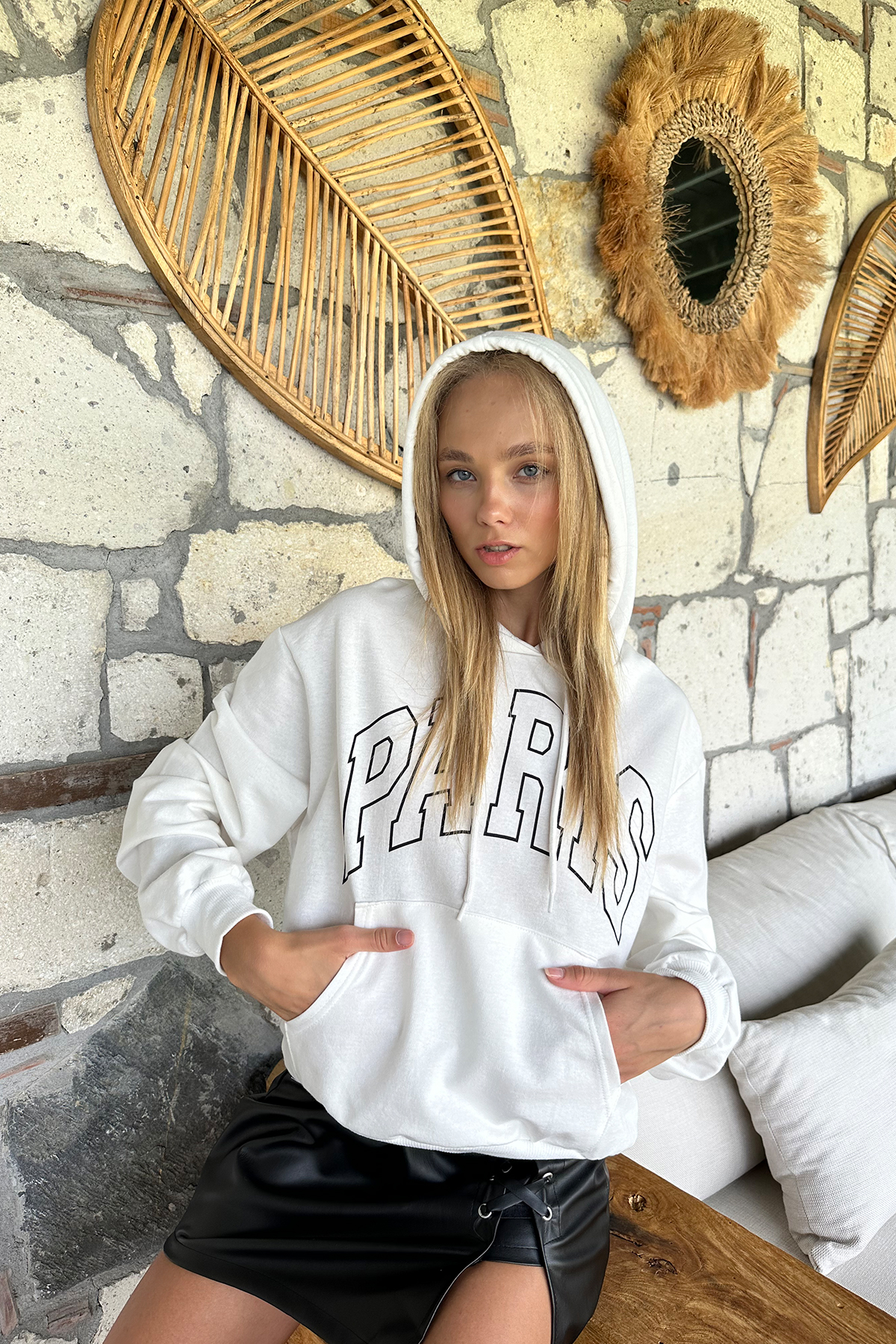 Kapüşonlu Baskılı Kanguru İki İplik Sweatshirt - Beyaz