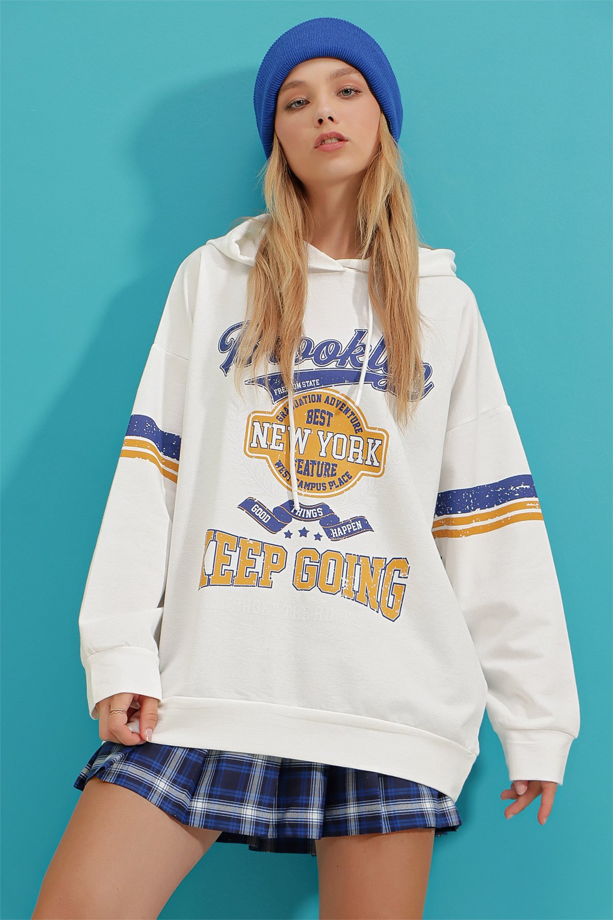 Kapüşonlu Brooklyn Baskılı Sweatshirt - Ekru