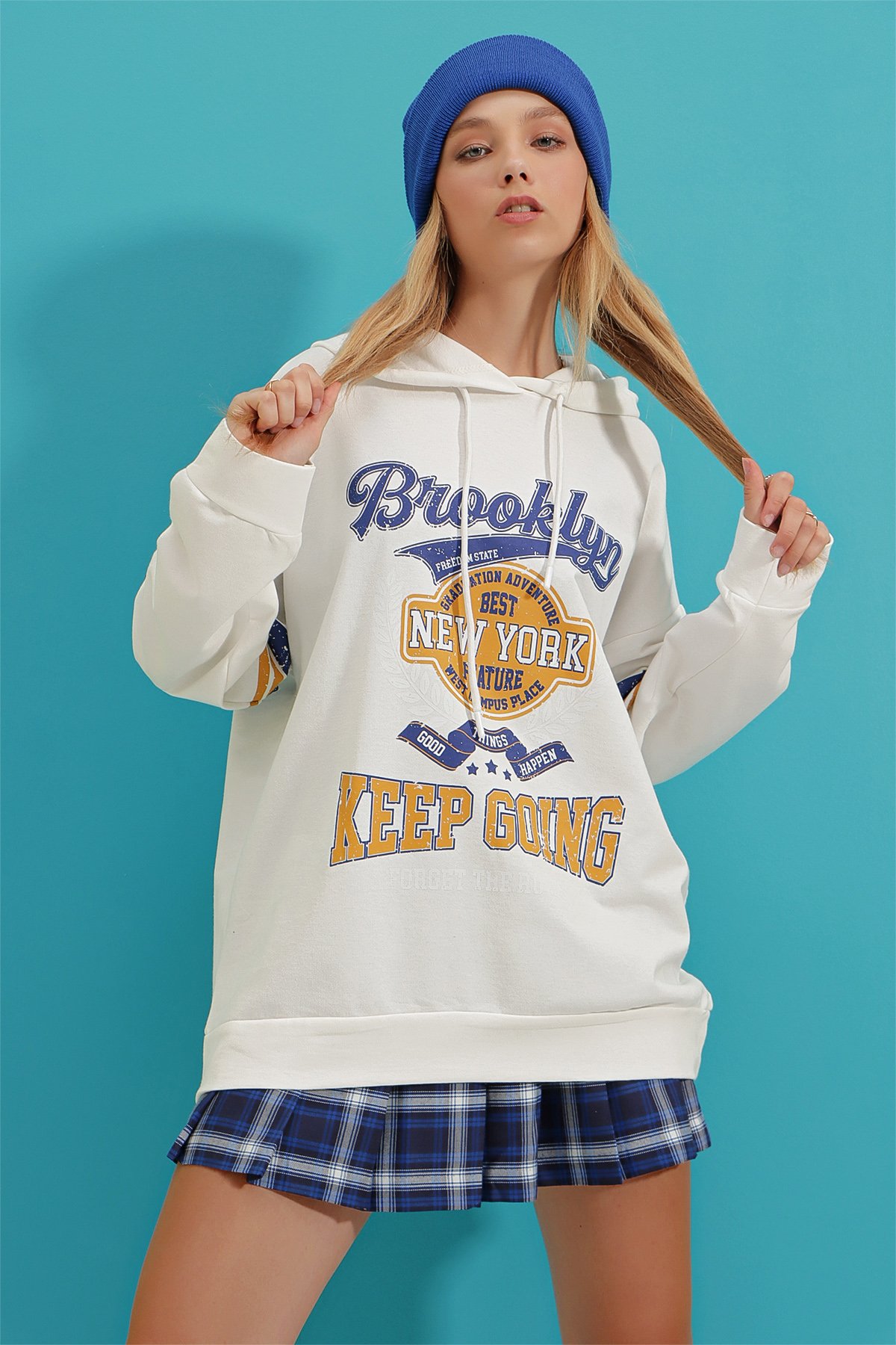 Kapüşonlu Brooklyn Baskılı Sweatshirt - Ekru