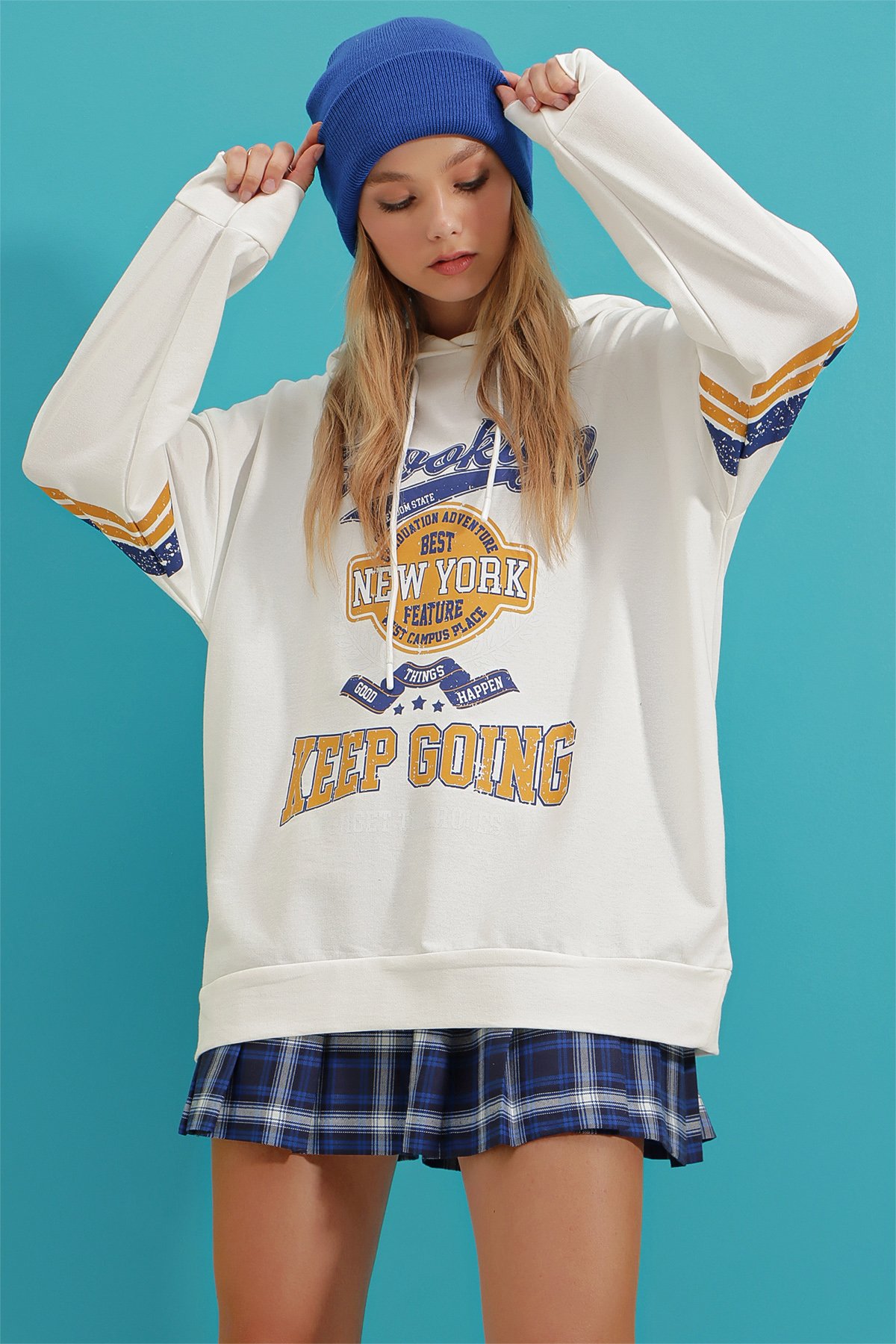 Kapüşonlu Brooklyn Baskılı Sweatshirt - Ekru