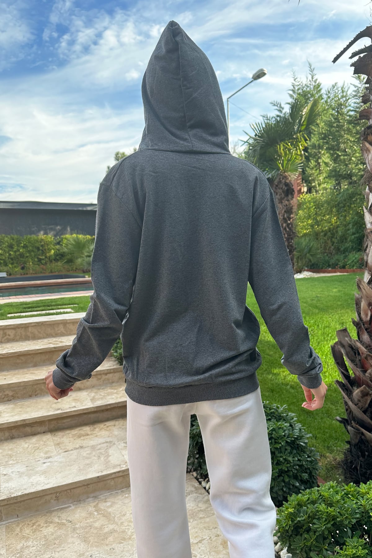Kapüşonlu Çift Cepli Fermuarlı Oversize Sweatshirt - Antrasit
