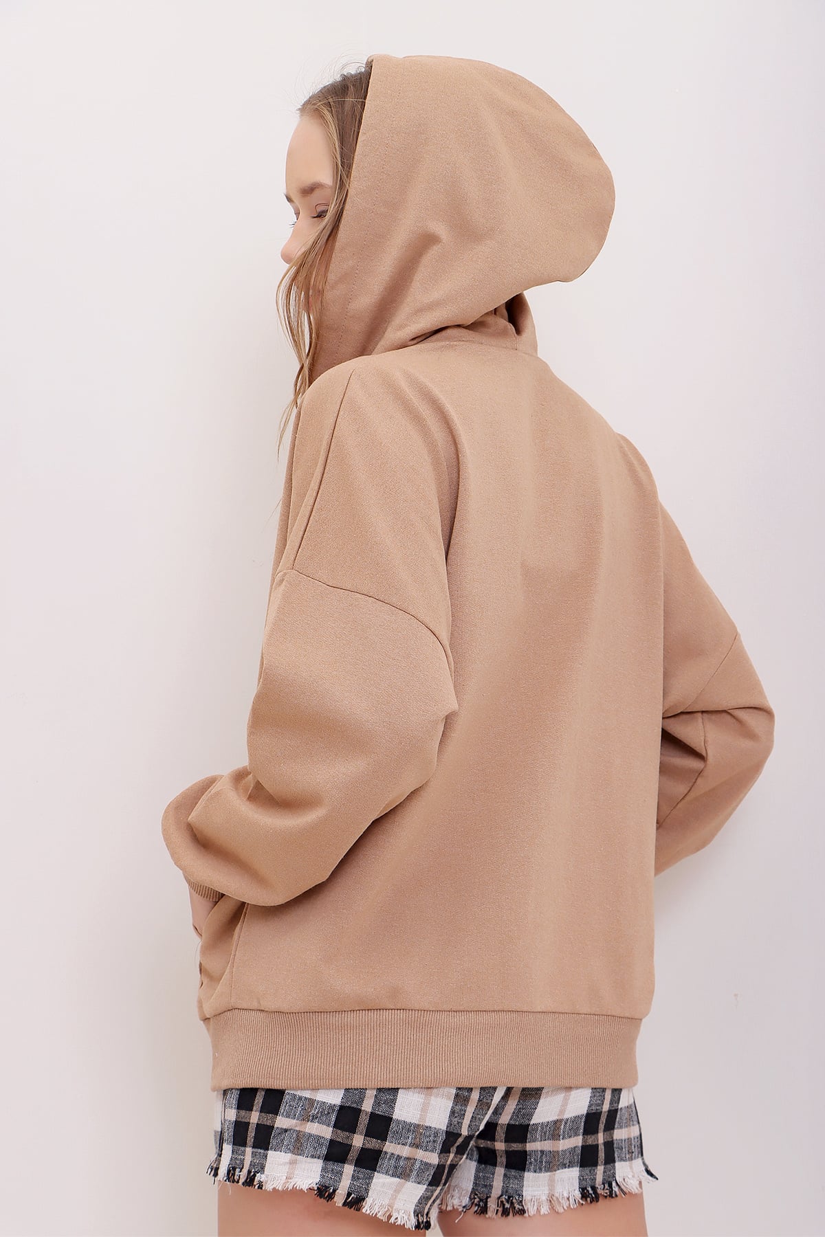 Kapüşonlu Çift Cepli Fermuarlı Oversize Sweatshirt - Bisküvi