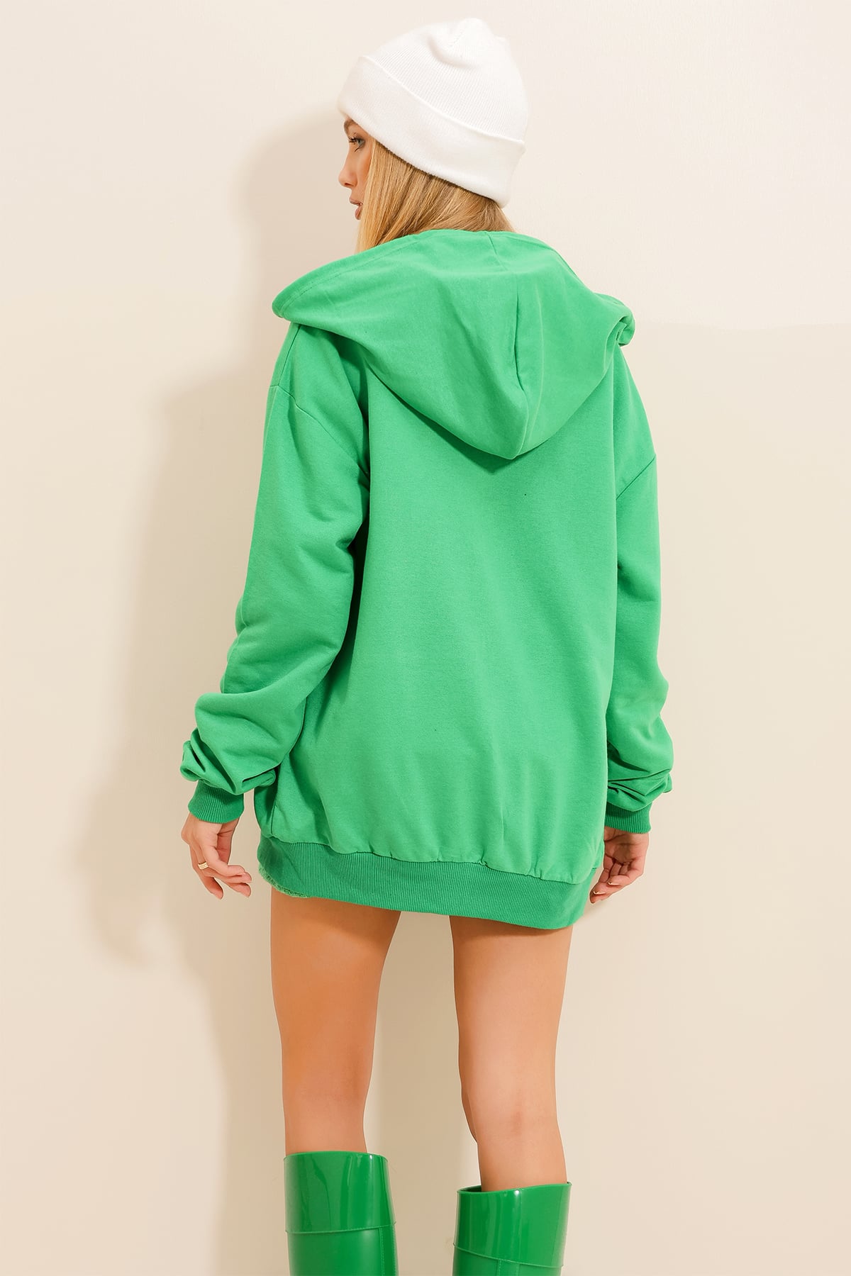 Kapüşonlu Çift Cepli Fermuarlı Oversize Sweatshirt - Yeşil