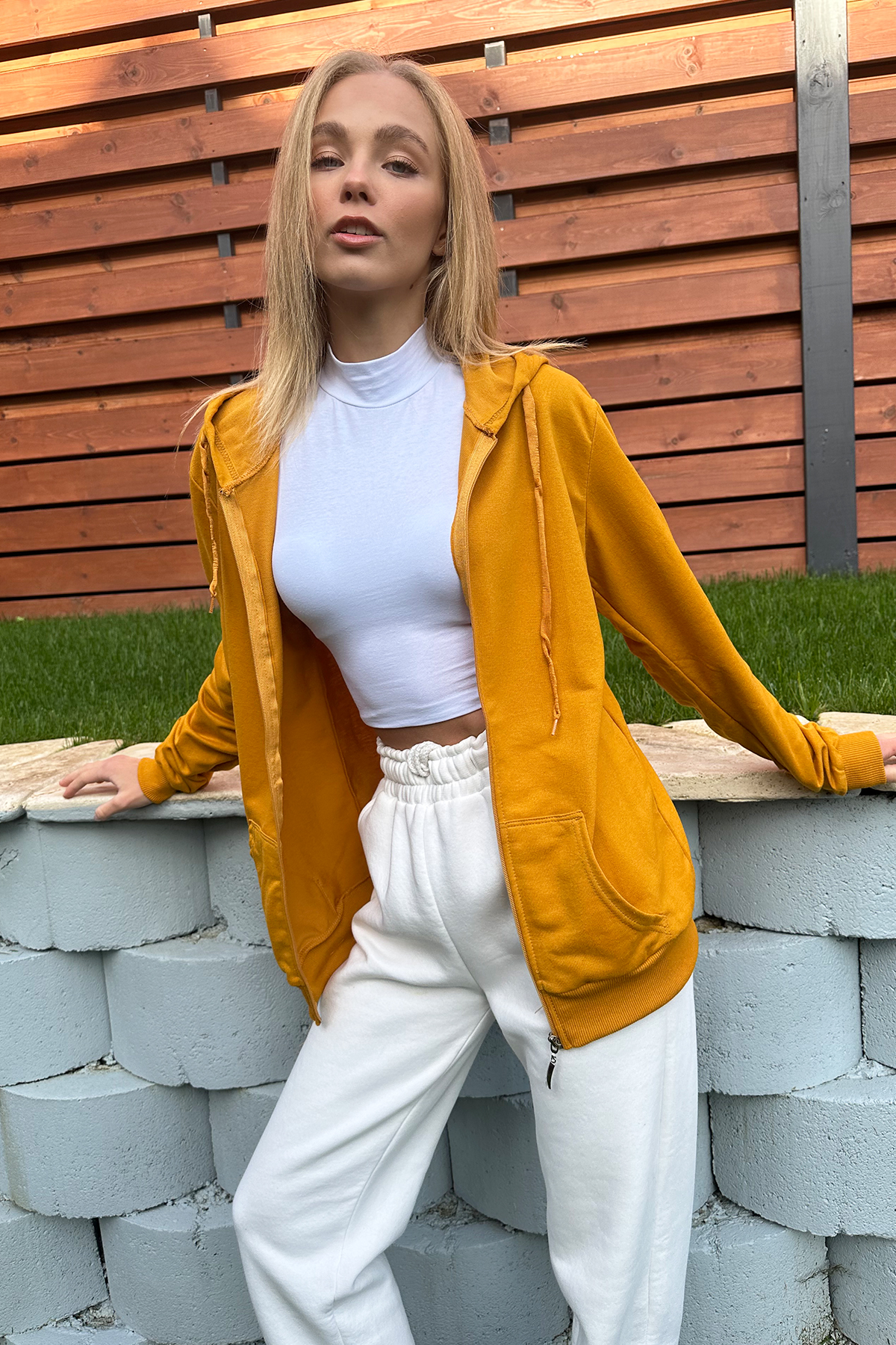 Kapüşonlu Çift Cepli Fermuarlı Oversize Sweatshirt - Hardal Sarısı
