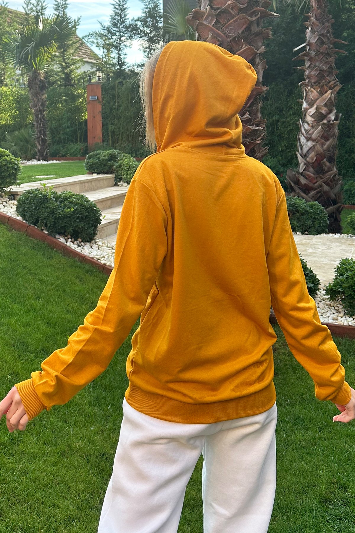 Kapüşonlu Çift Cepli Fermuarlı Oversize Sweatshirt - Hardal Sarısı