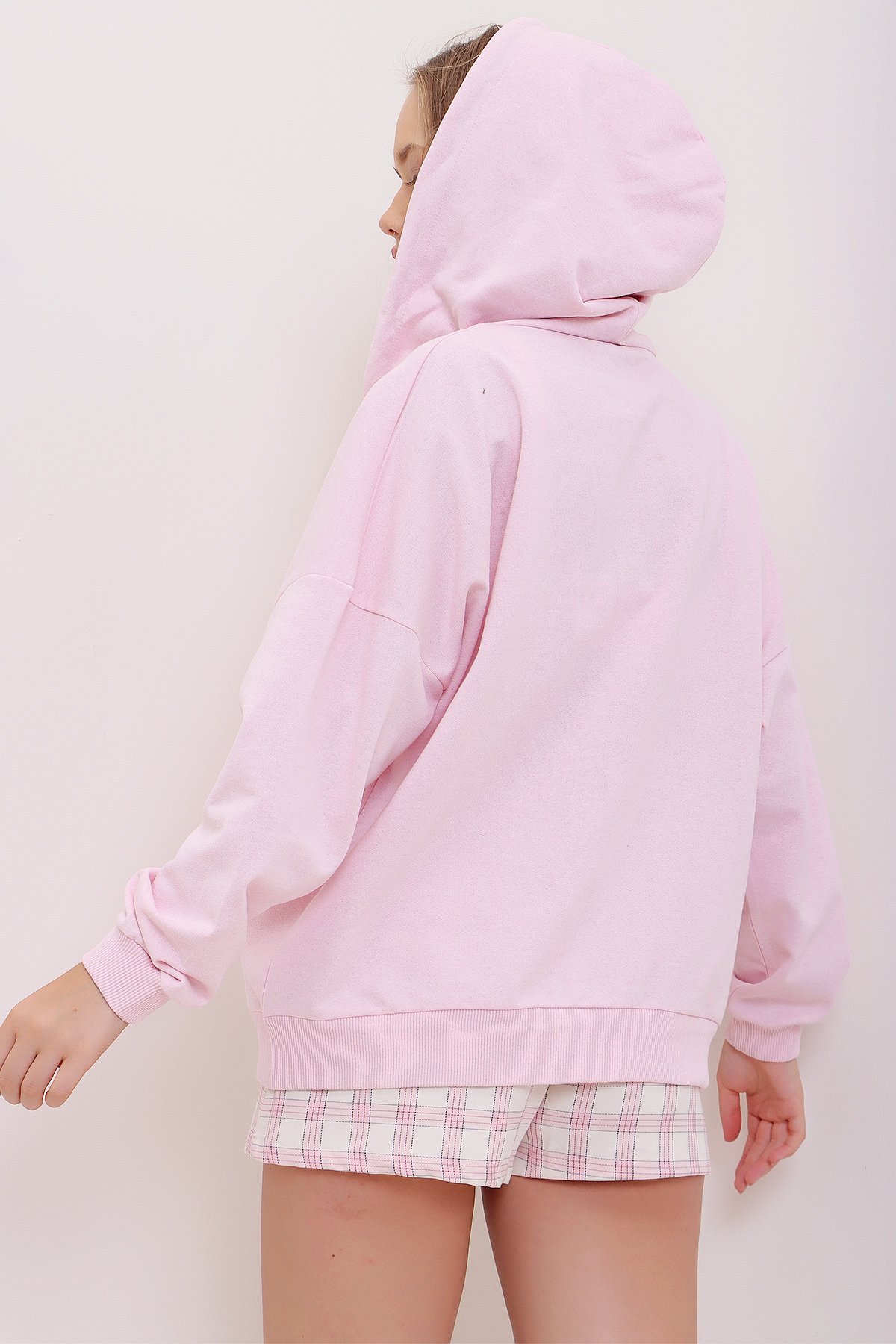 Kapüşonlu Çift Cepli Fermuarlı Oversize Sweatshirt - Pembe