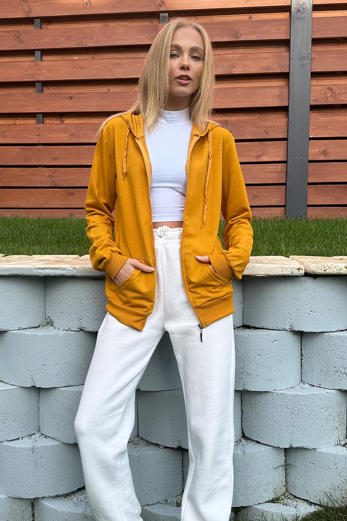 Kapüşonlu Çift Cepli Fermuarlı Oversize Sweatshirt - Hardal Sarısı