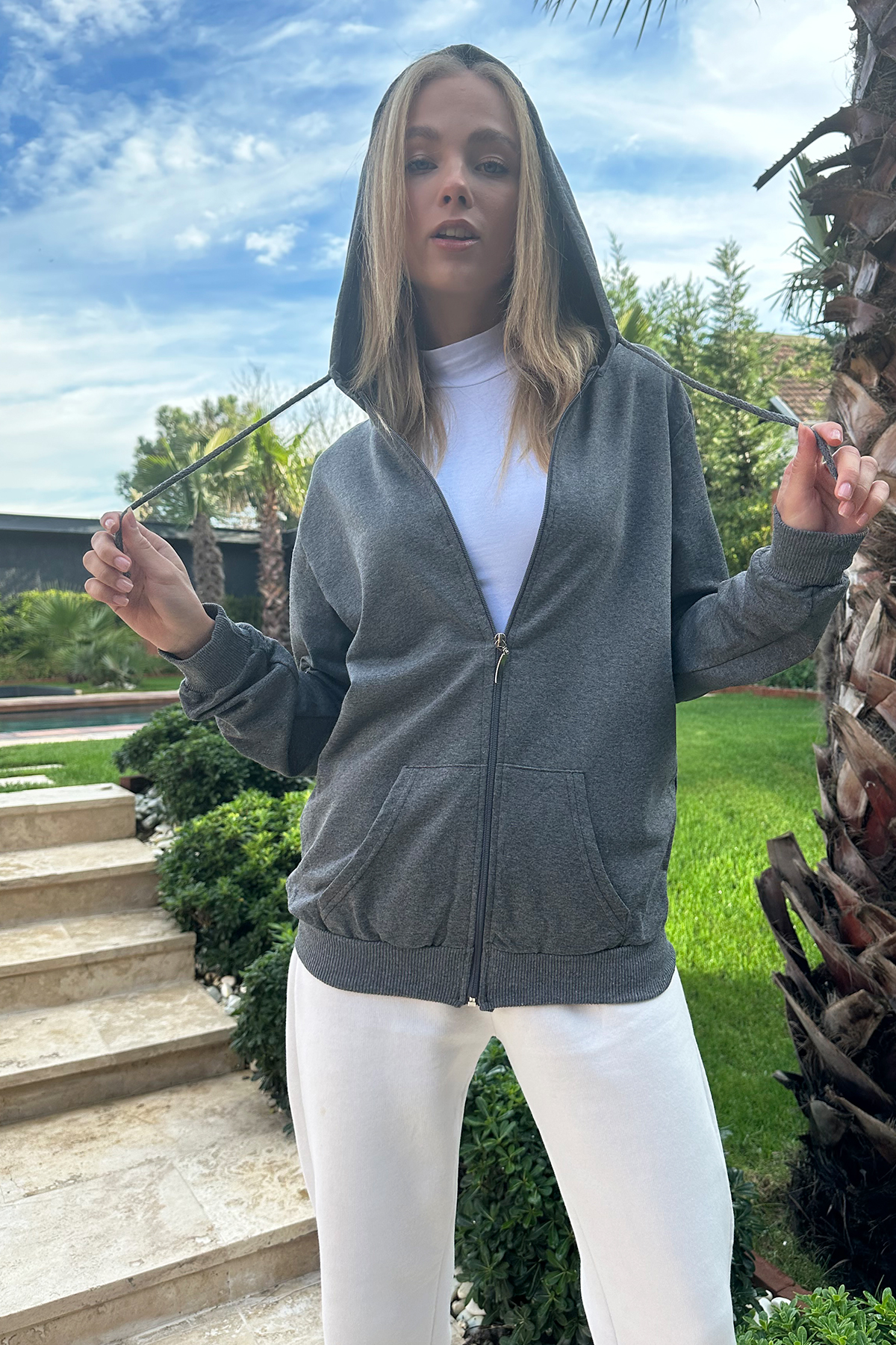 Kapüşonlu Çift Cepli Fermuarlı Oversize Sweatshirt - Antrasit