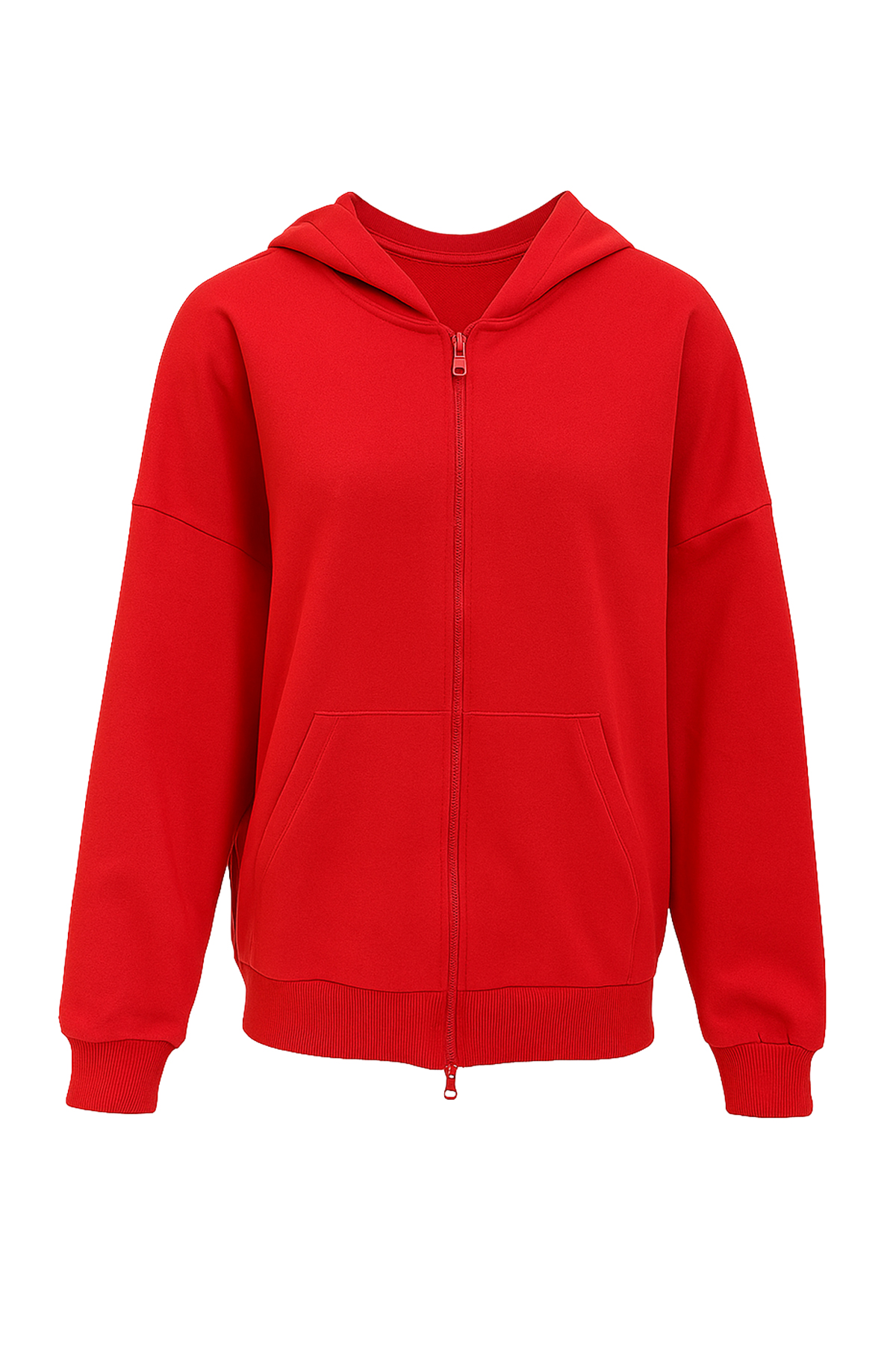 Kapüşonlu Çift Cepli Fermuarlı Oversize Sweatshirt - Kırmızı