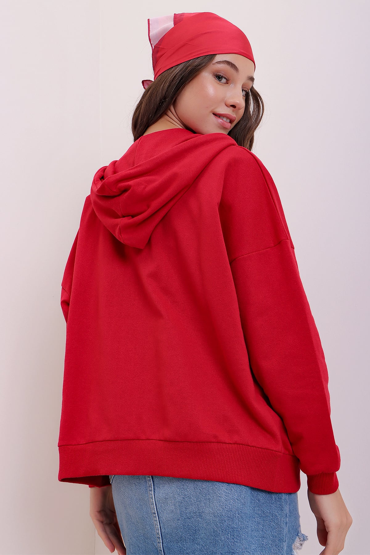 Kapüşonlu Çift Cepli Fermuarlı Oversize Sweatshirt - Kırmızı