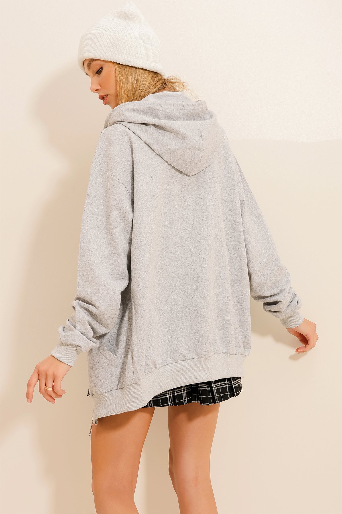 Kapüşonlu Çift Cepli Fermuarlı Oversize Sweatshirt - Gri