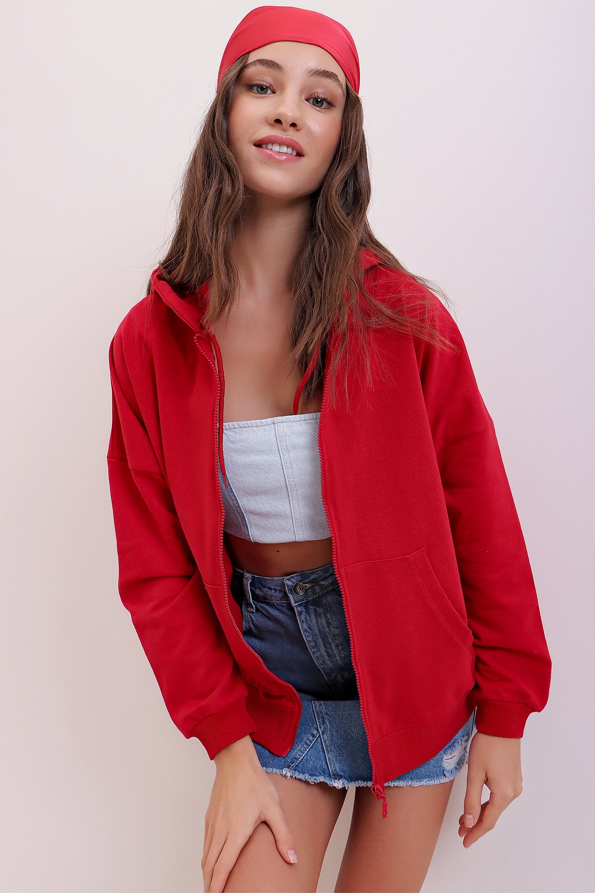 Kapüşonlu Çift Cepli Fermuarlı Oversize Sweatshirt - Kırmızı