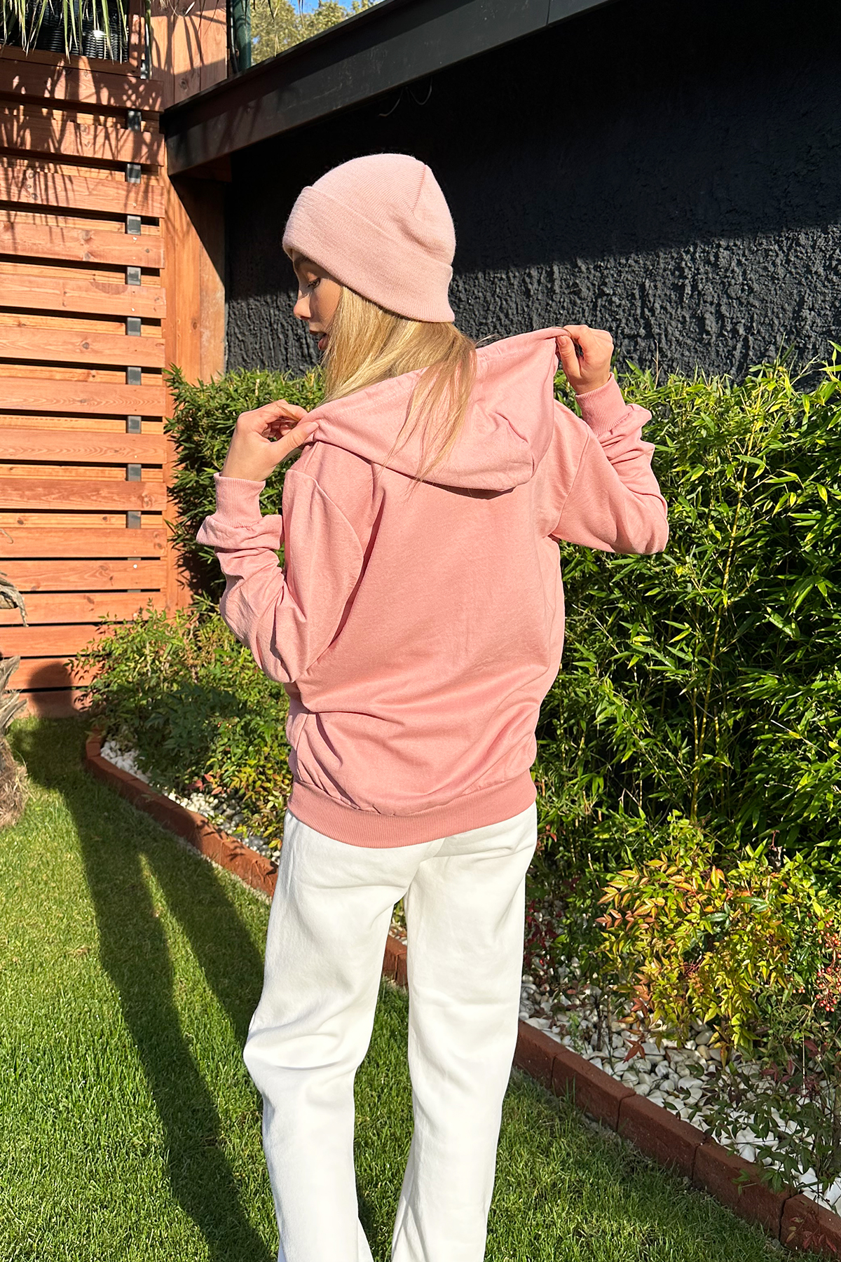 Kapüşonlu Çift Cepli Fermuarlı Oversize Sweatshirt - Pudra