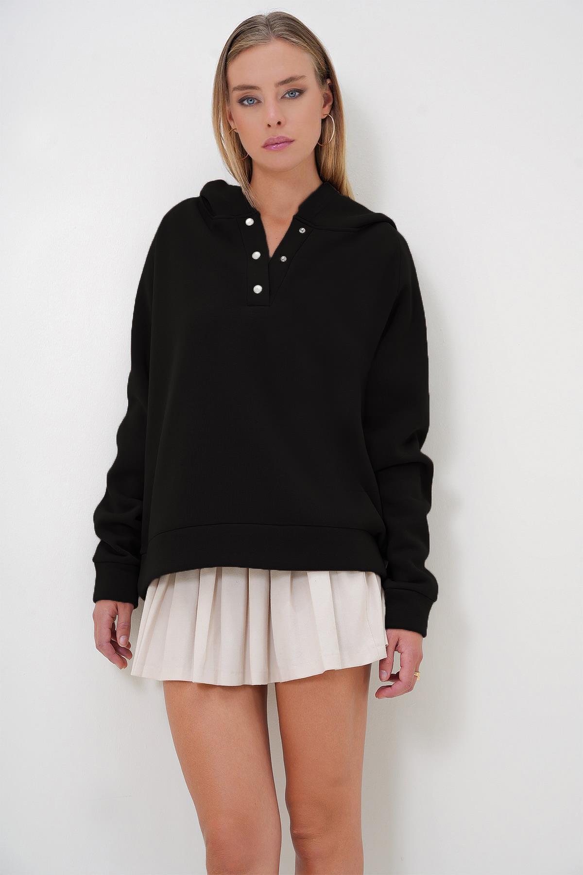Kapüşonlu Çıtçıt Kapamalı 3 İplik İçi Şardonlu Oversize Sweatshirt - Siyah