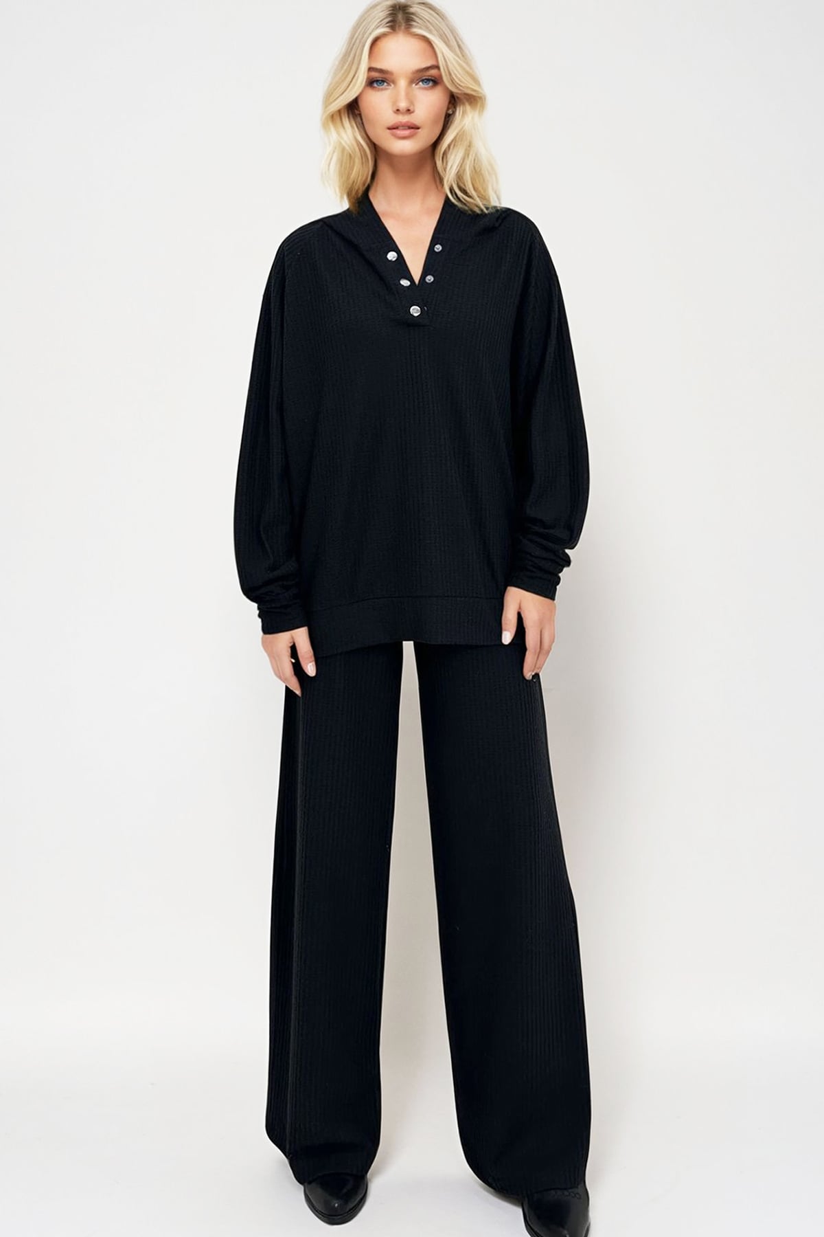 Kapüşonlu Çıtçıtlı Oversize Sweatshirt ve Pantolonlu Alt Üst Takım - Siyah