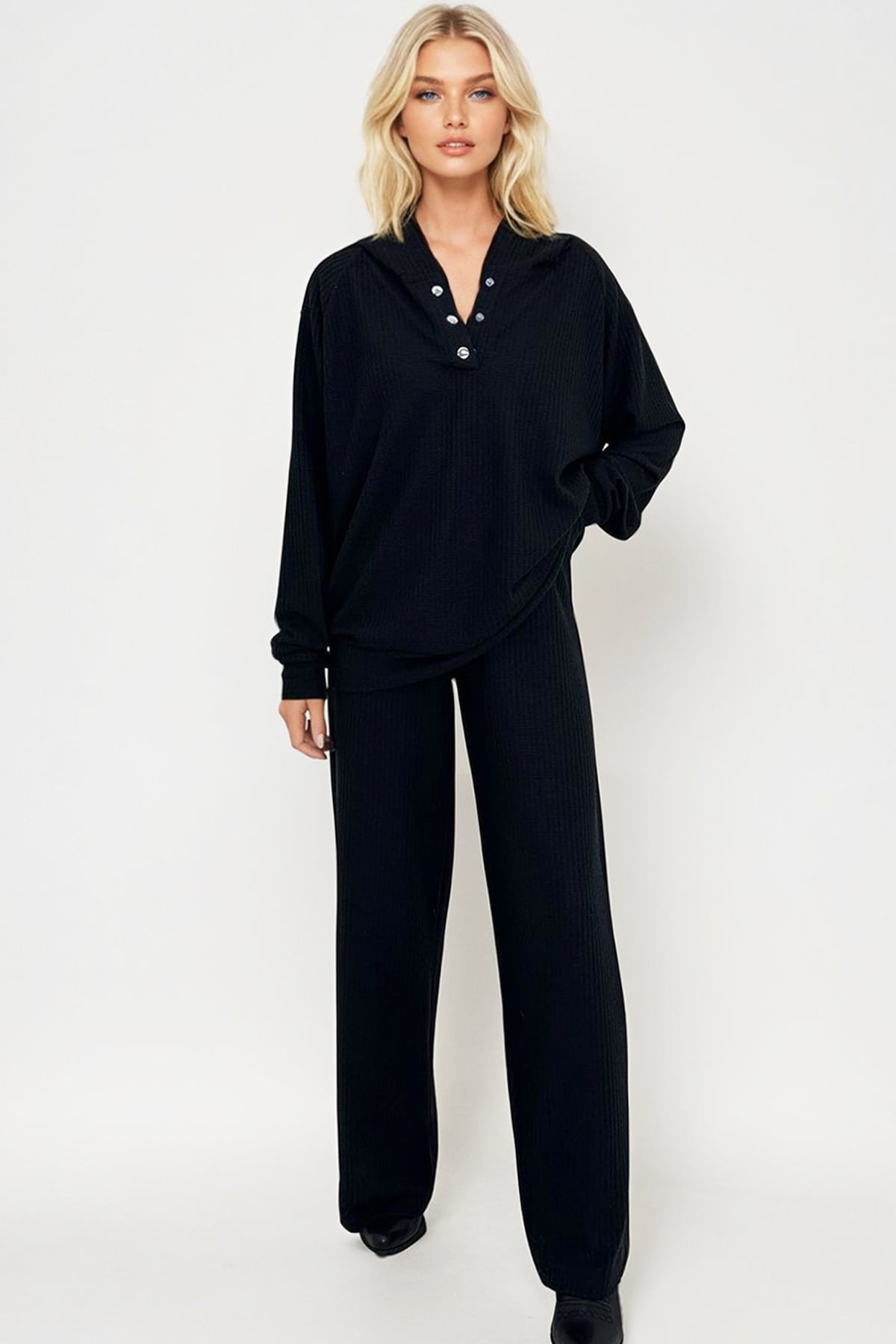 Kapüşonlu Çıtçıtlı Oversize Sweatshirt ve Pantolonlu Alt Üst Takım - Siyah