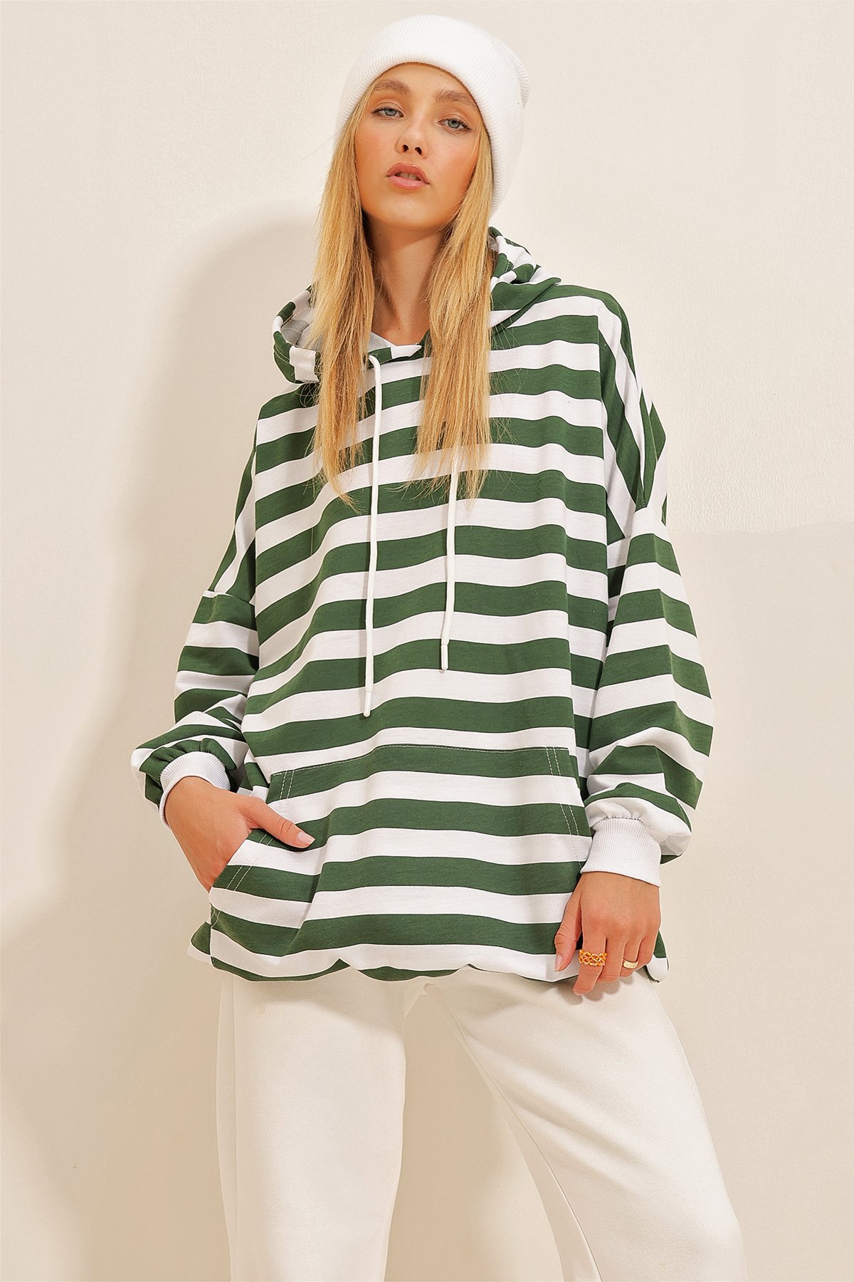 Kapüşonlu Çizgili Oversize Sweatshirt - Yeşil
