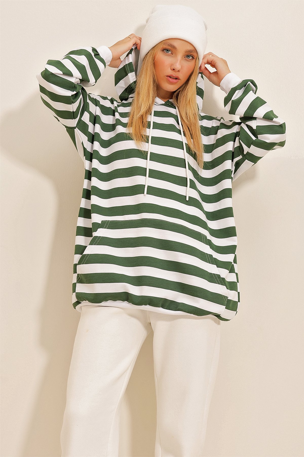 Kapüşonlu Çizgili Oversize Sweatshirt - Yeşil