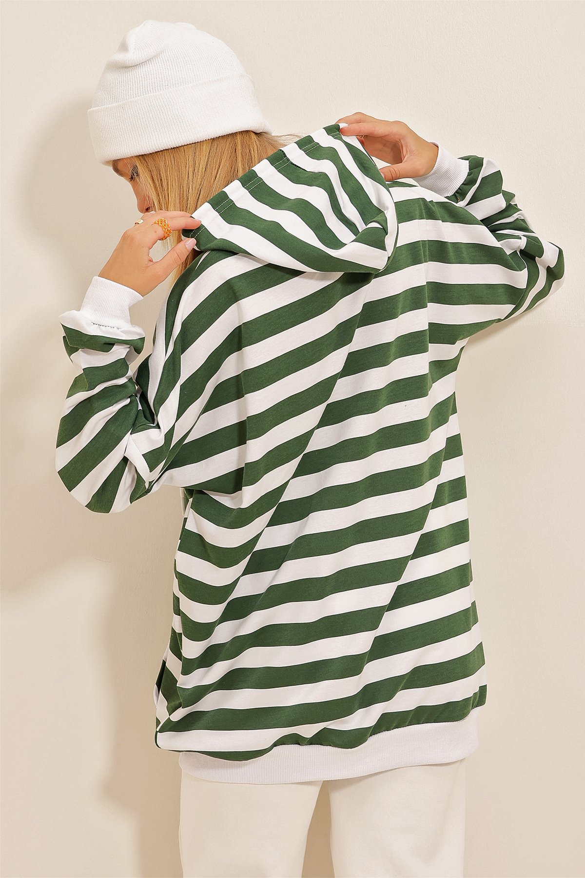 Kapüşonlu Çizgili Oversize Sweatshirt - Yeşil