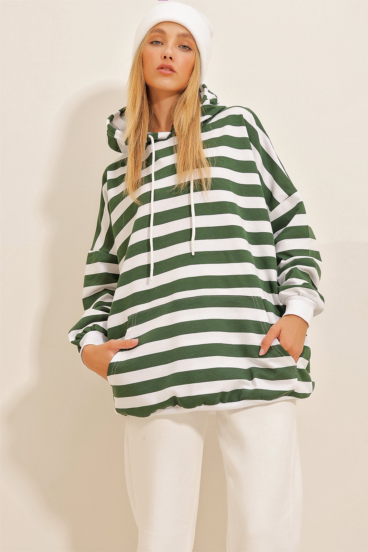 Kapüşonlu Çizgili Oversize Sweatshirt - Yeşil