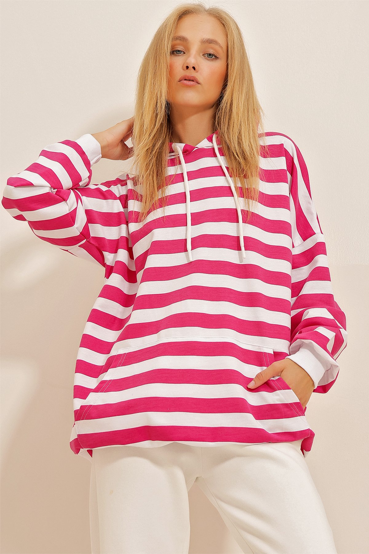 Kapüşonlu Çizgili Oversize Sweatshirt - Fuşya