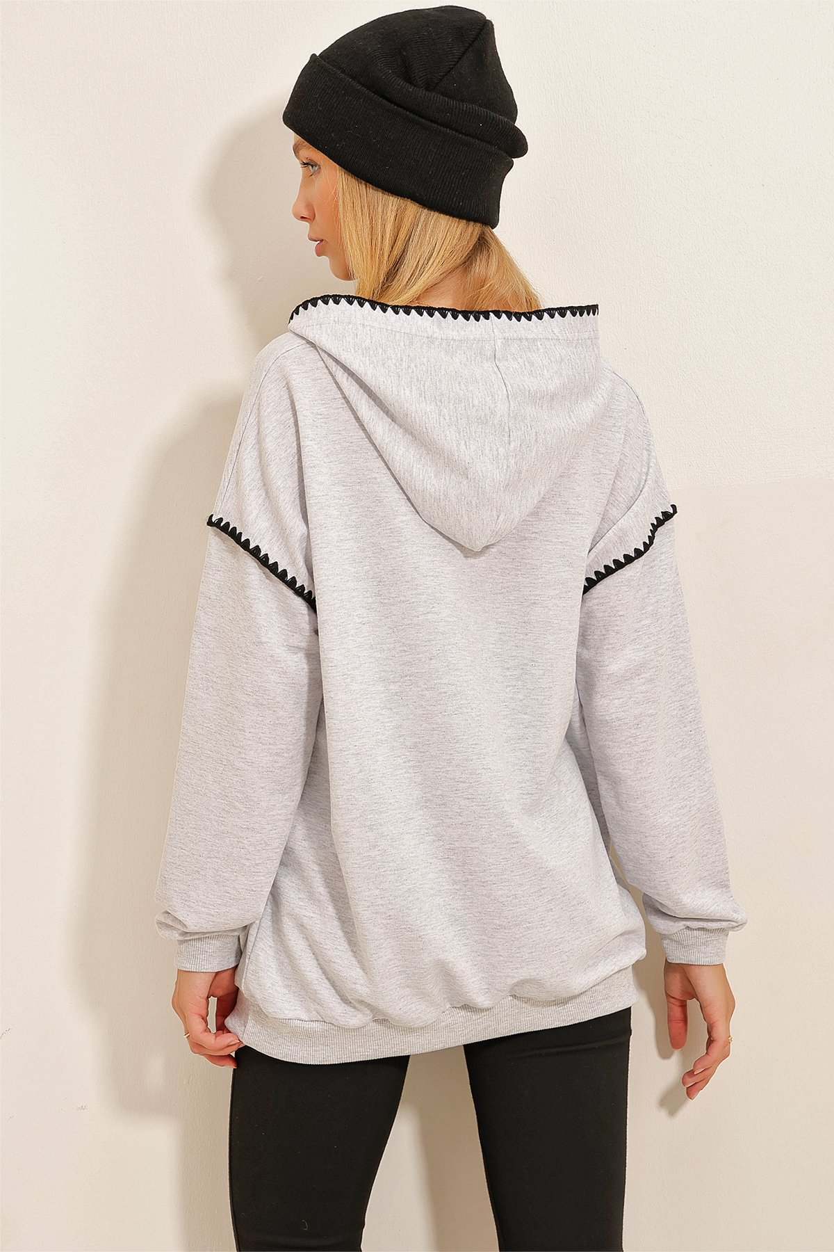 Kapüşonlu Çoban Dikişli Oversize Sweatshirt - Gri
