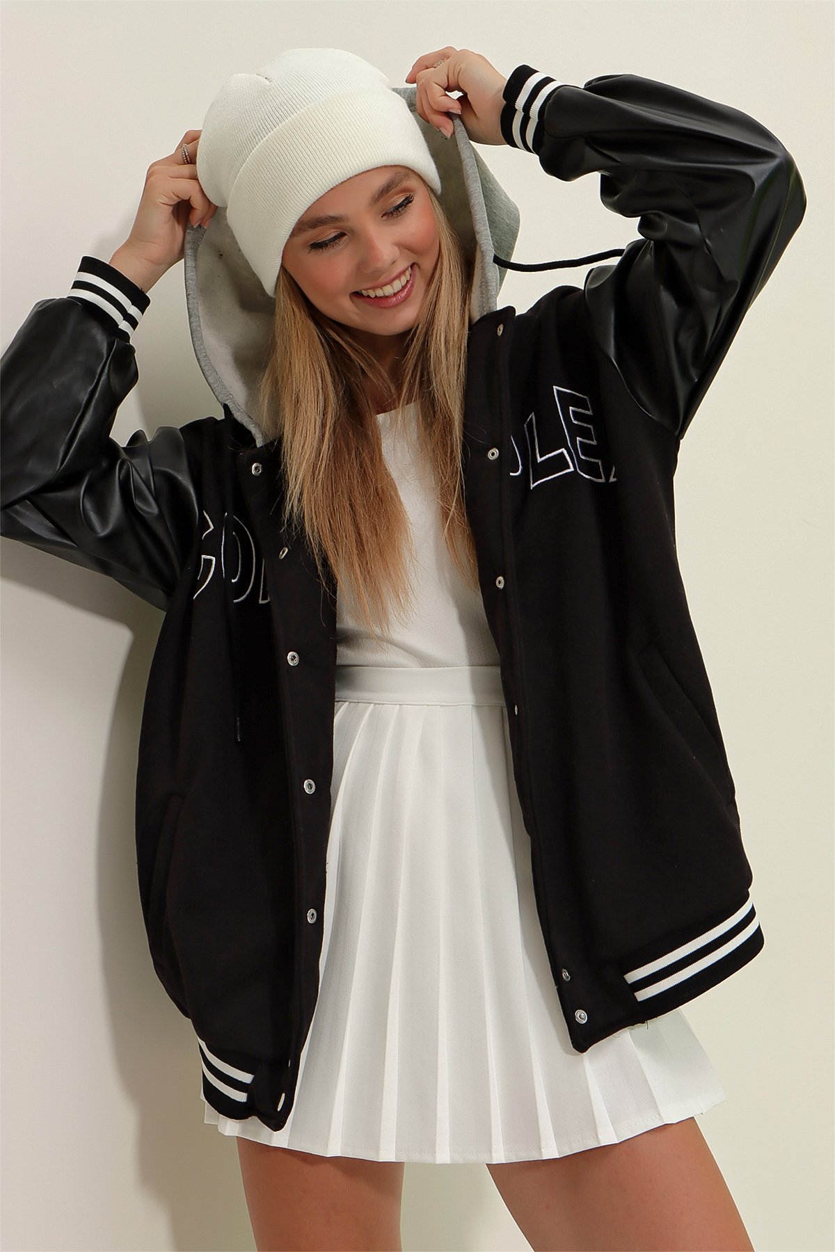 Kapüşonlu Deri Bloklu Ribanalı Şardonlu Kolej Ceket - Siyah