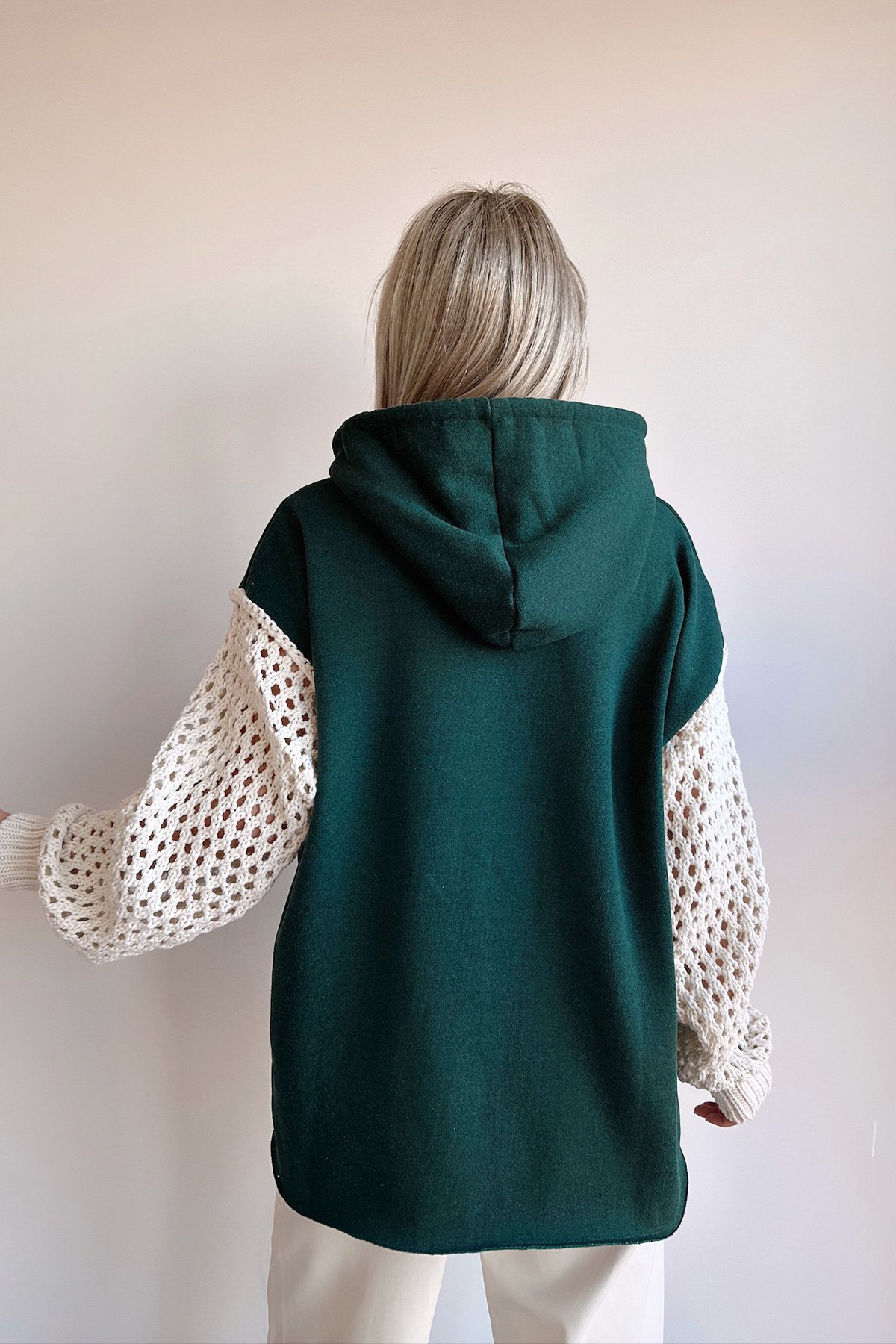 Kapüşonlu File Örgü Kol Bağcıklı 3 İplik Sweatshirt - YEŞİL