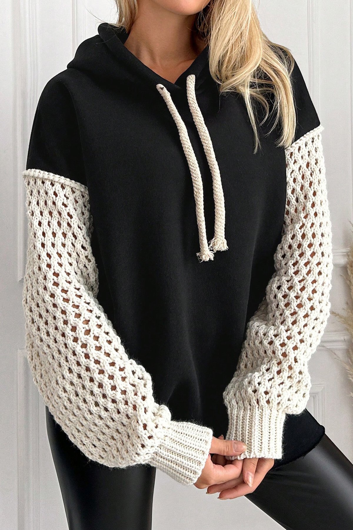 Kapüşonlu File Örgü Kol Bağcıklı 3 İplik Sweatshirt - SİYAH