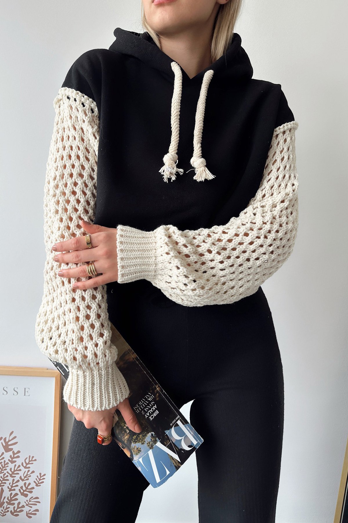 Kapüşonlu File Örgü Kol Bağcıklı 3 İplik Sweatshirt - SİYAH