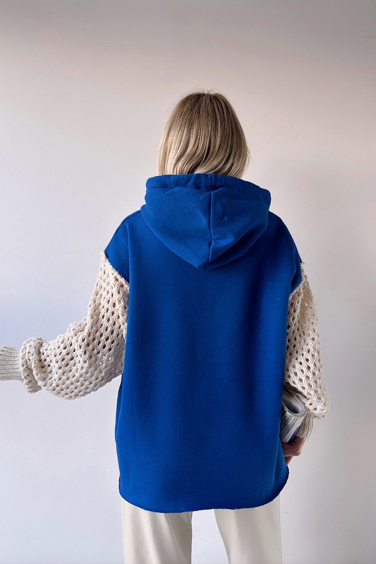 Kapüşonlu File Örgü Kol Bağcıklı 3 İplik Sweatshirt - Saks