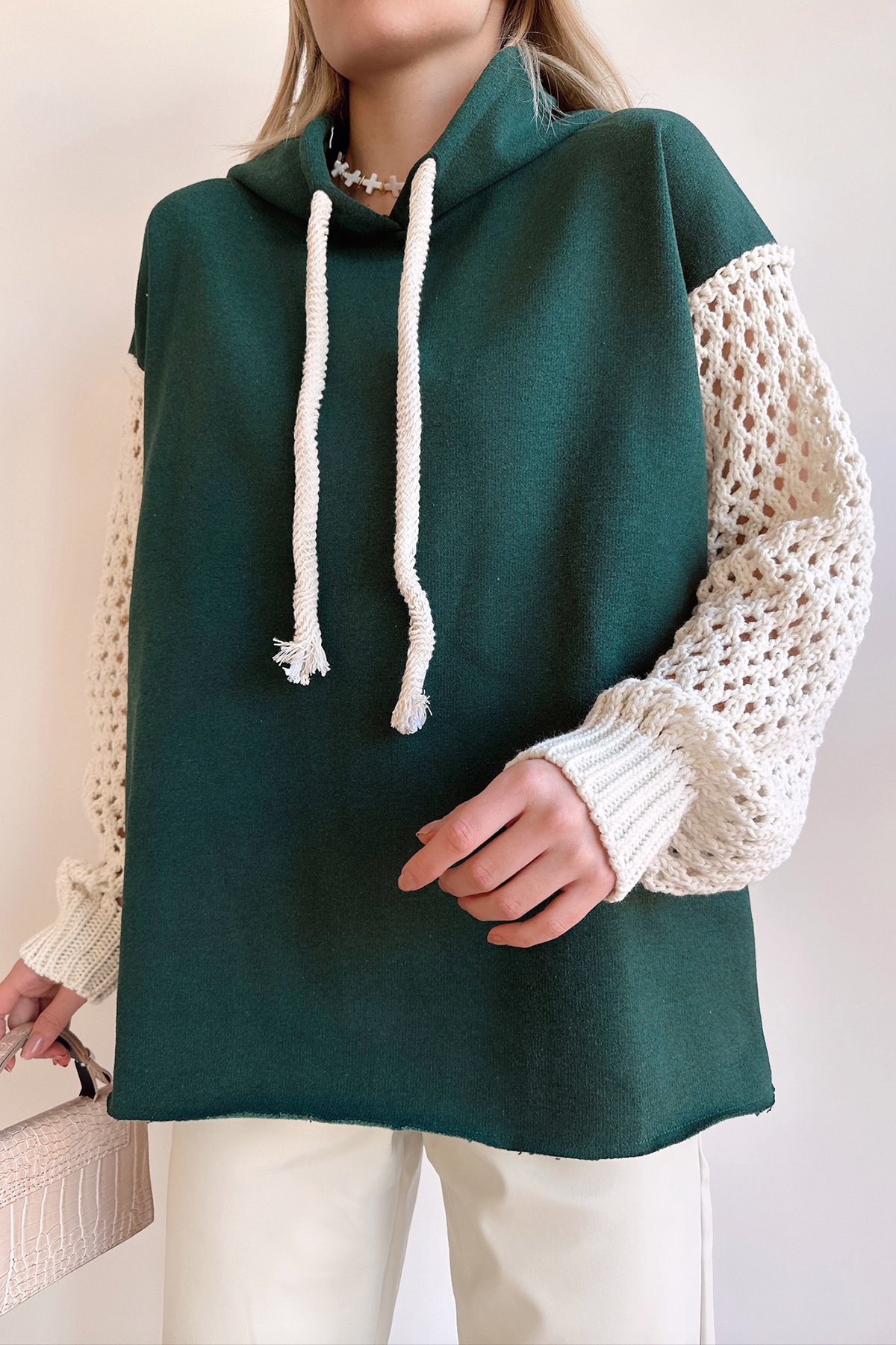 Kapüşonlu File Örgü Kol Bağcıklı 3 İplik Sweatshirt - YEŞİL