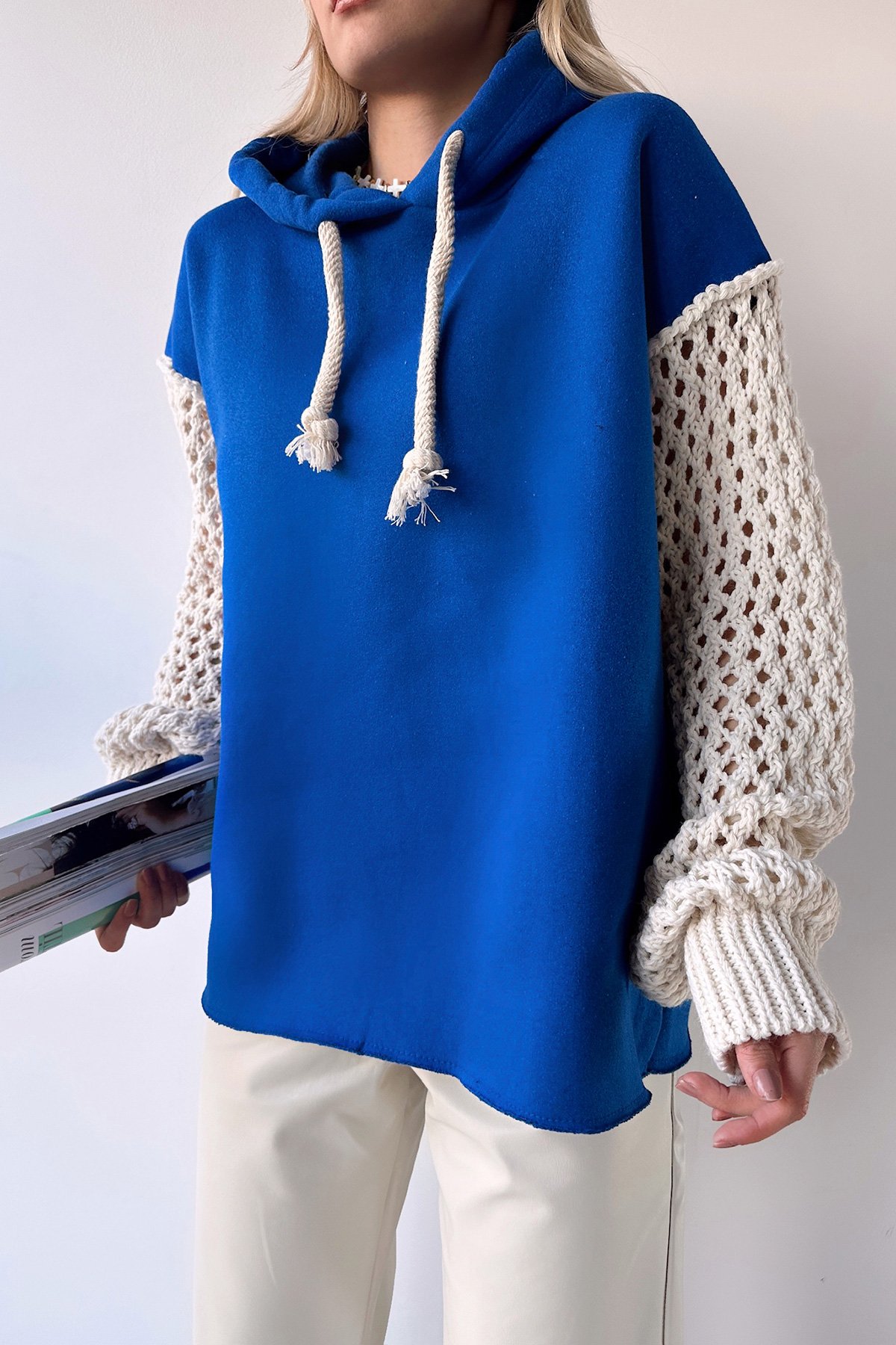 Kapüşonlu File Örgü Kol Bağcıklı 3 İplik Sweatshirt - Saks