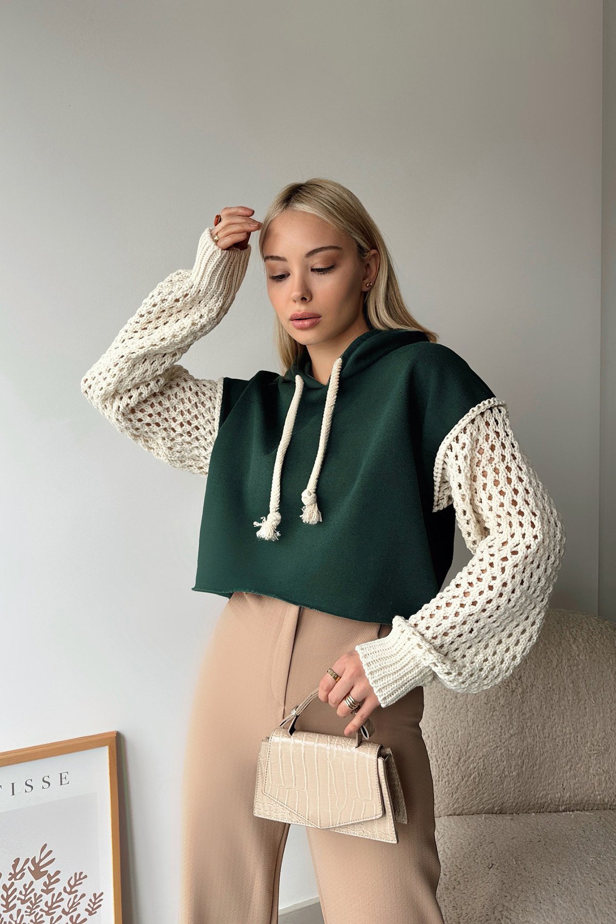Kapüşonlu File Örgü Kol Bağcıklı Crop Sweatshirt - KOYU YEŞİL