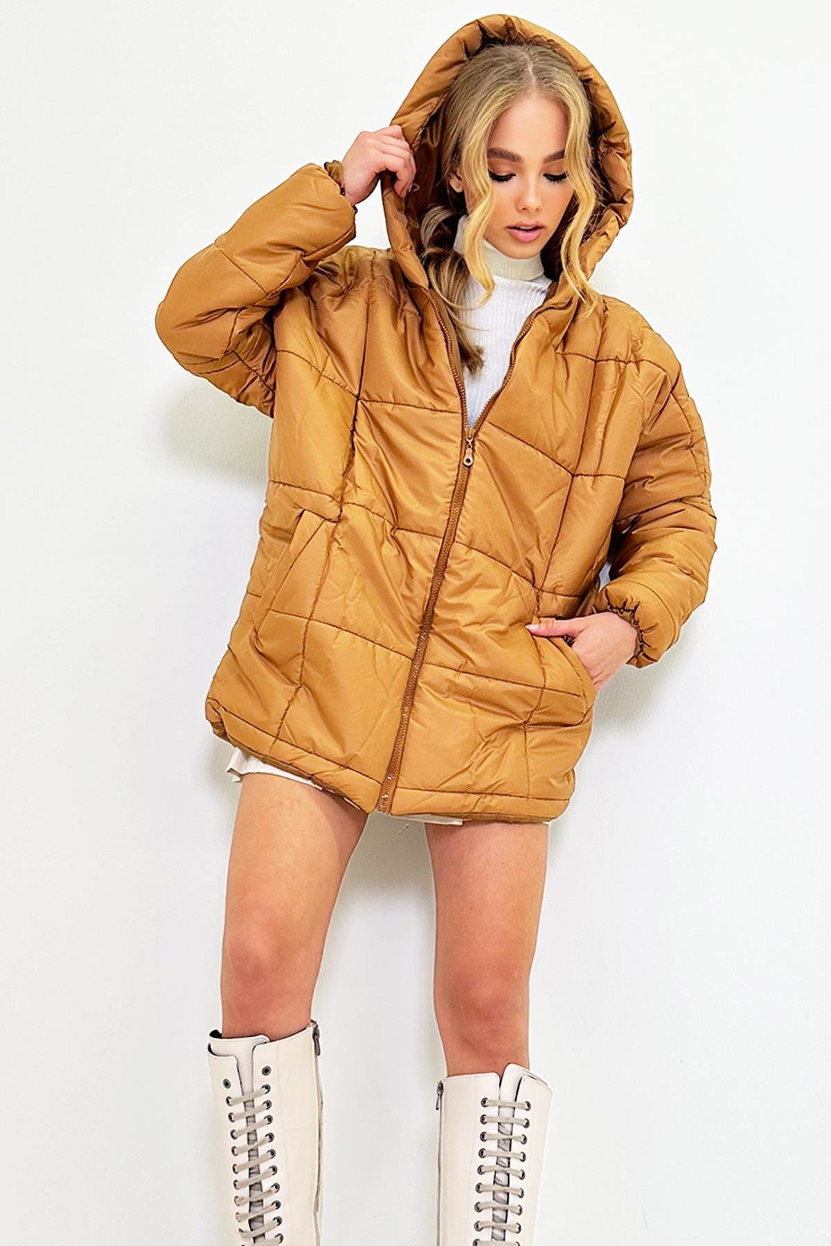 Kapüşonlu Fleto Cepli Puffer Fashion Oversize Şişme Mont - Camel