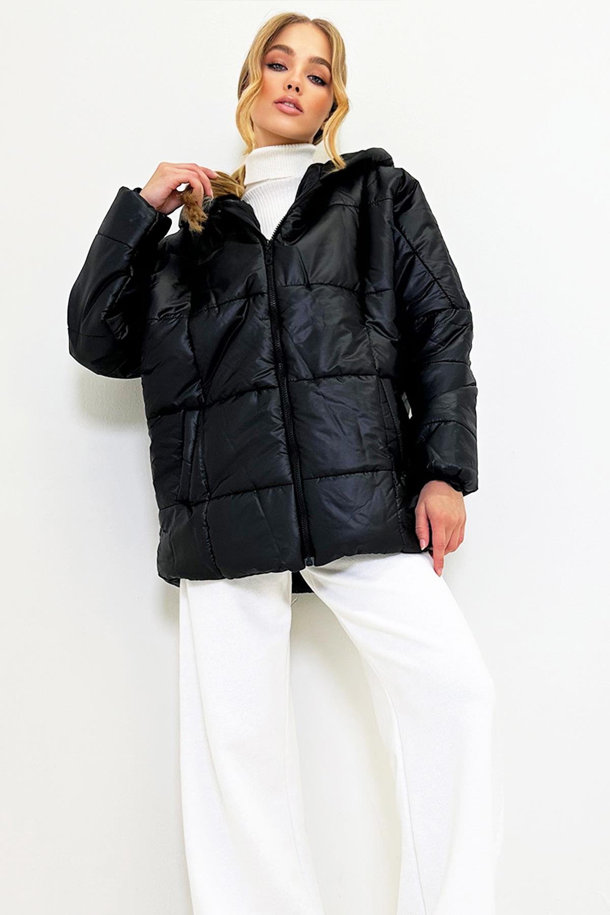 Kapüşonlu Fleto Cepli Puffer Fashion Oversize Şişme Mont - Parlak Siyah