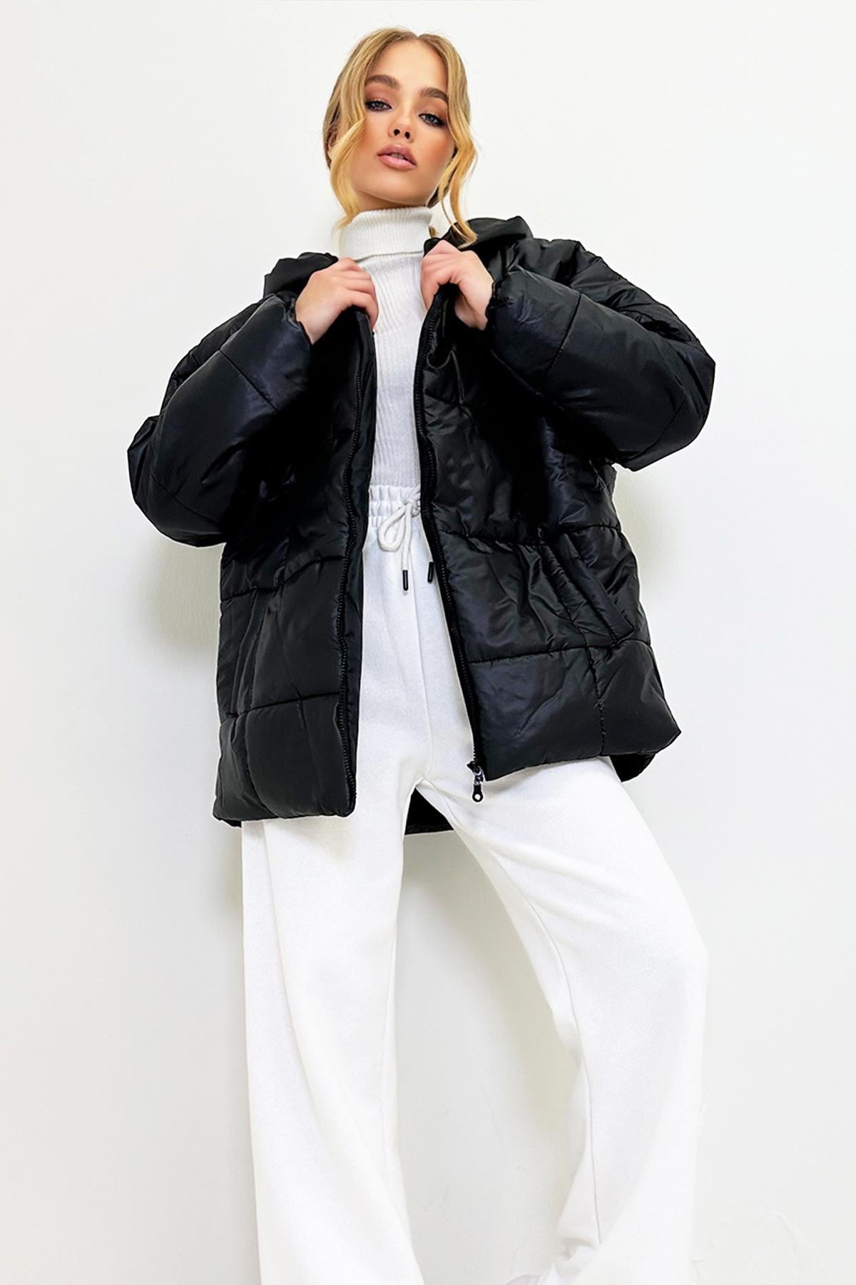 Kapüşonlu Fleto Cepli Puffer Fashion Oversize Şişme Mont - Parlak Siyah