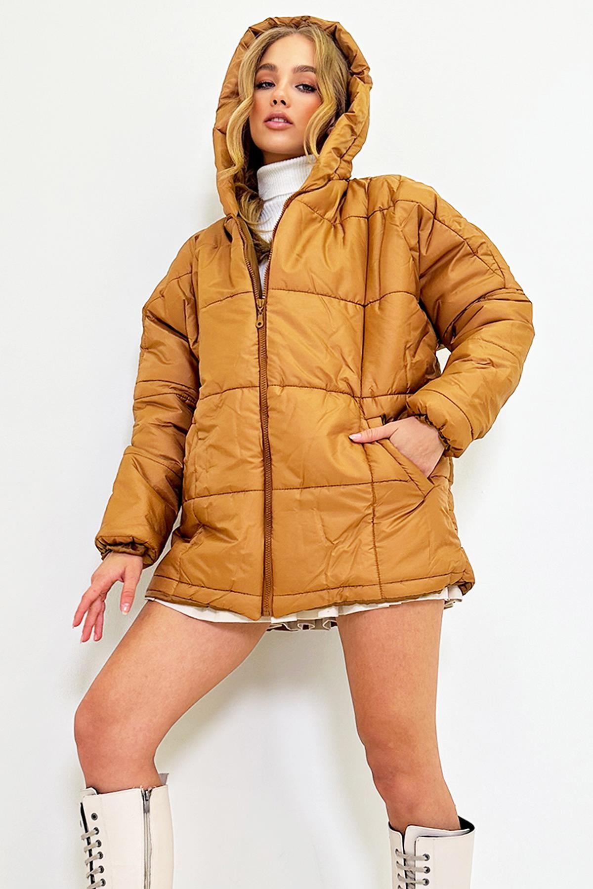 Kapüşonlu Fleto Cepli Puffer Fashion Oversize Şişme Mont - Camel