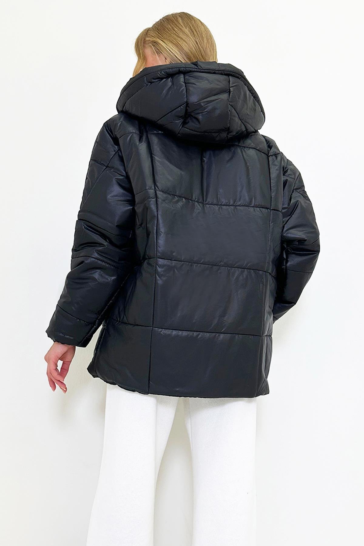 Kapüşonlu Fleto Cepli Puffer Fashion Oversize Şişme Mont - Parlak Siyah