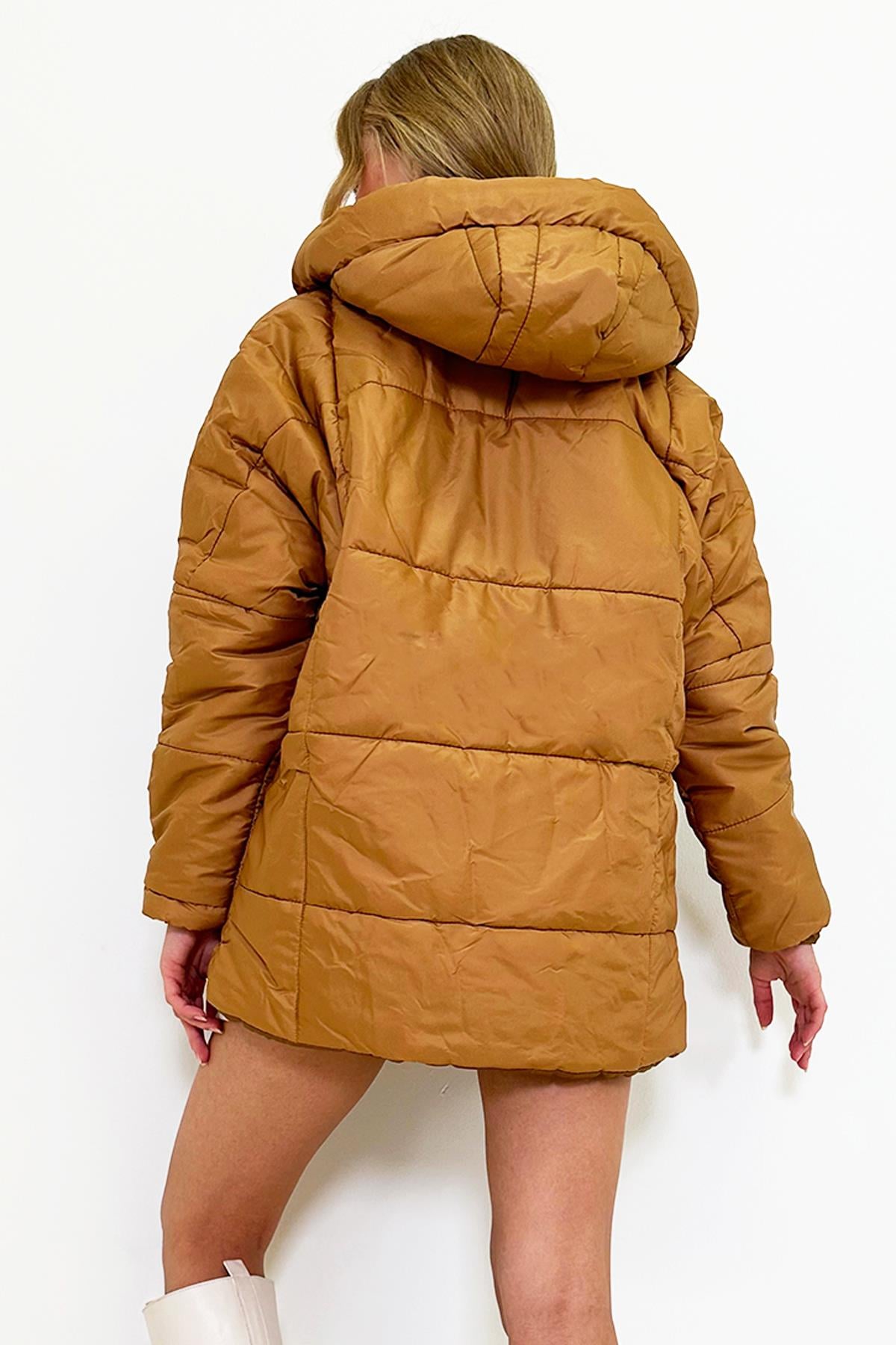Kapüşonlu Fleto Cepli Puffer Fashion Oversize Şişme Mont - Camel