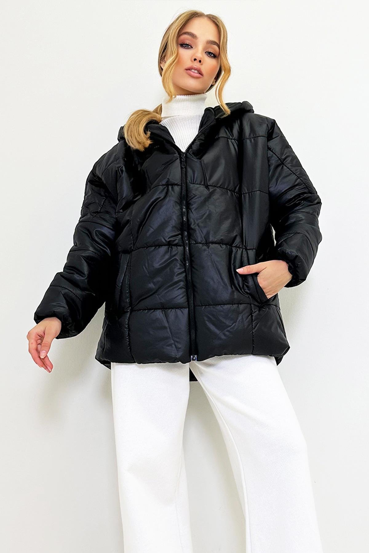 Kapüşonlu Fleto Cepli Puffer Fashion Oversize Şişme Mont - Parlak Siyah
