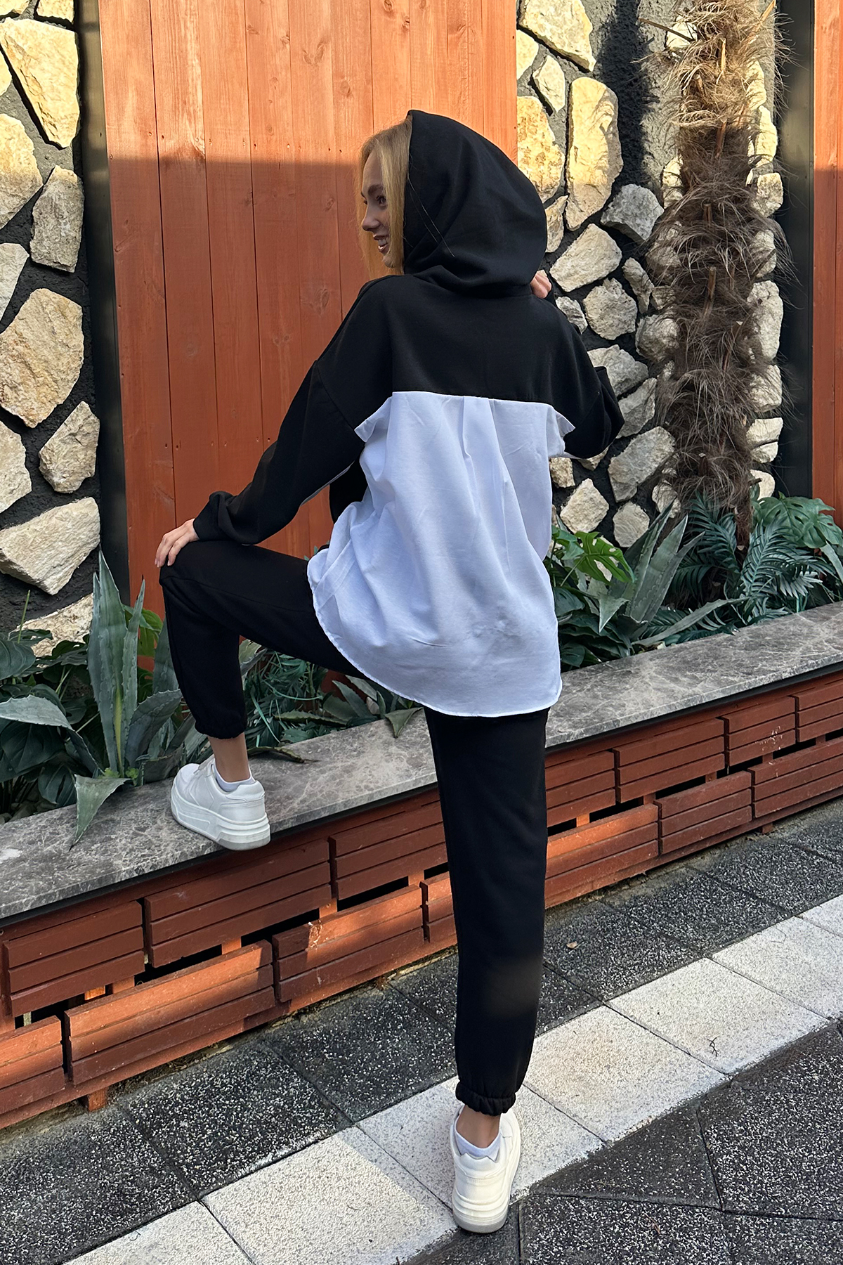 Kapüşonlu Gömlek Garnili 3 İplik İçi Şardonlu Sweatshirt - Siyah