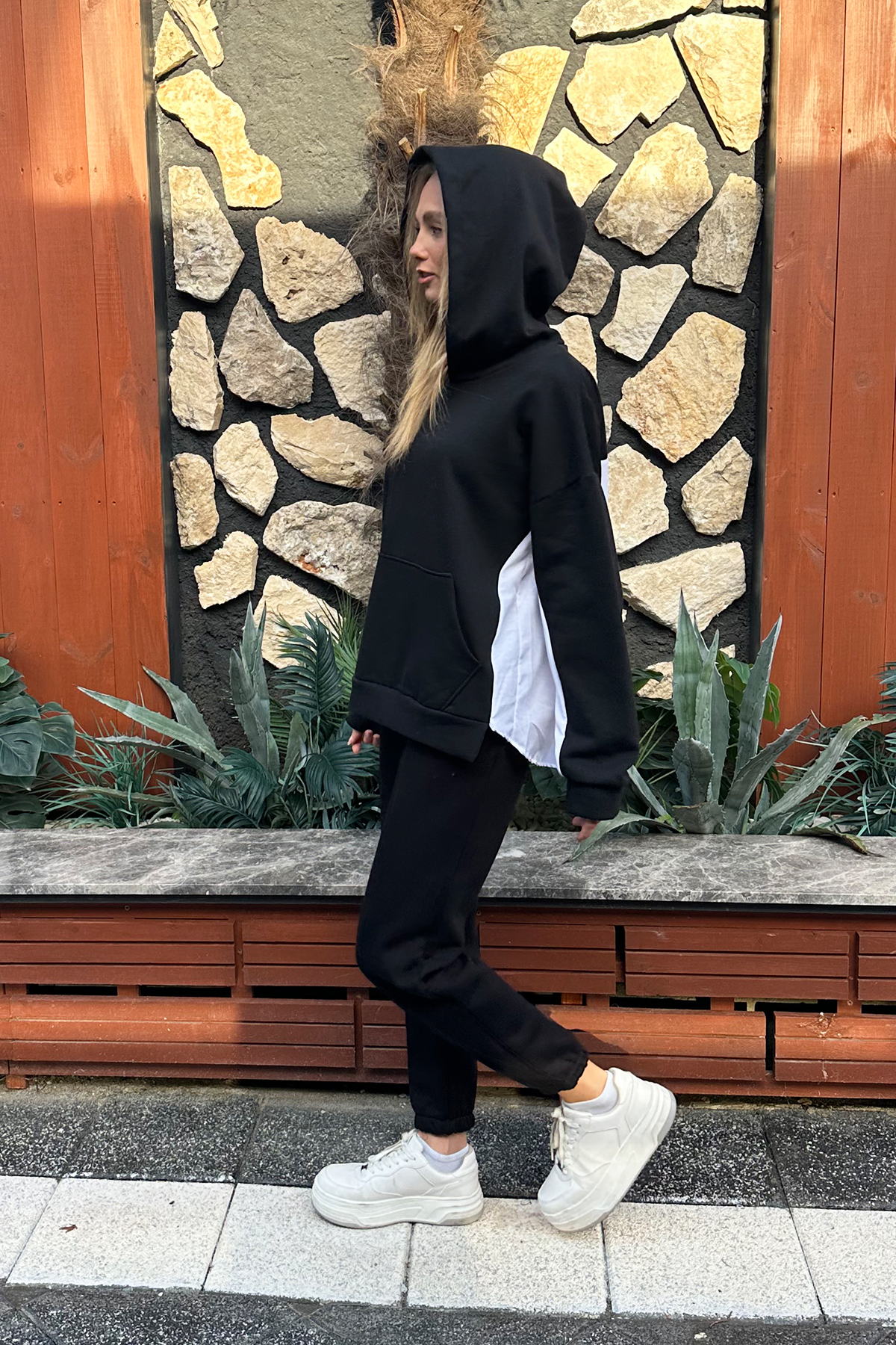 Kapüşonlu Gömlek Garnili 3 İplik İçi Şardonlu Sweatshirt - Siyah