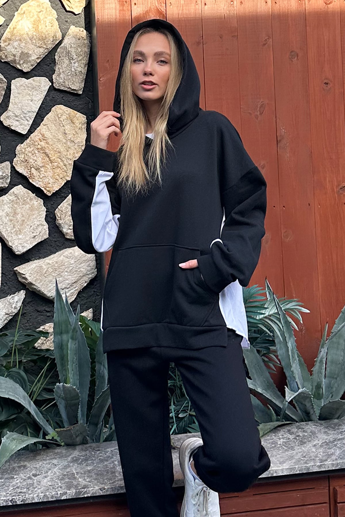 Kapüşonlu Gömlek Garnili 3 İplik İçi Şardonlu Sweatshirt - Siyah