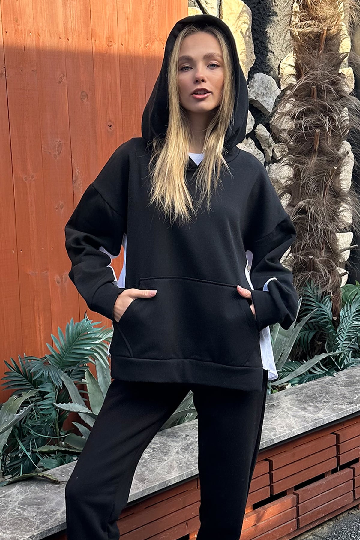 Kapüşonlu Gömlek Garnili 3 İplik İçi Şardonlu Sweatshirt - Siyah