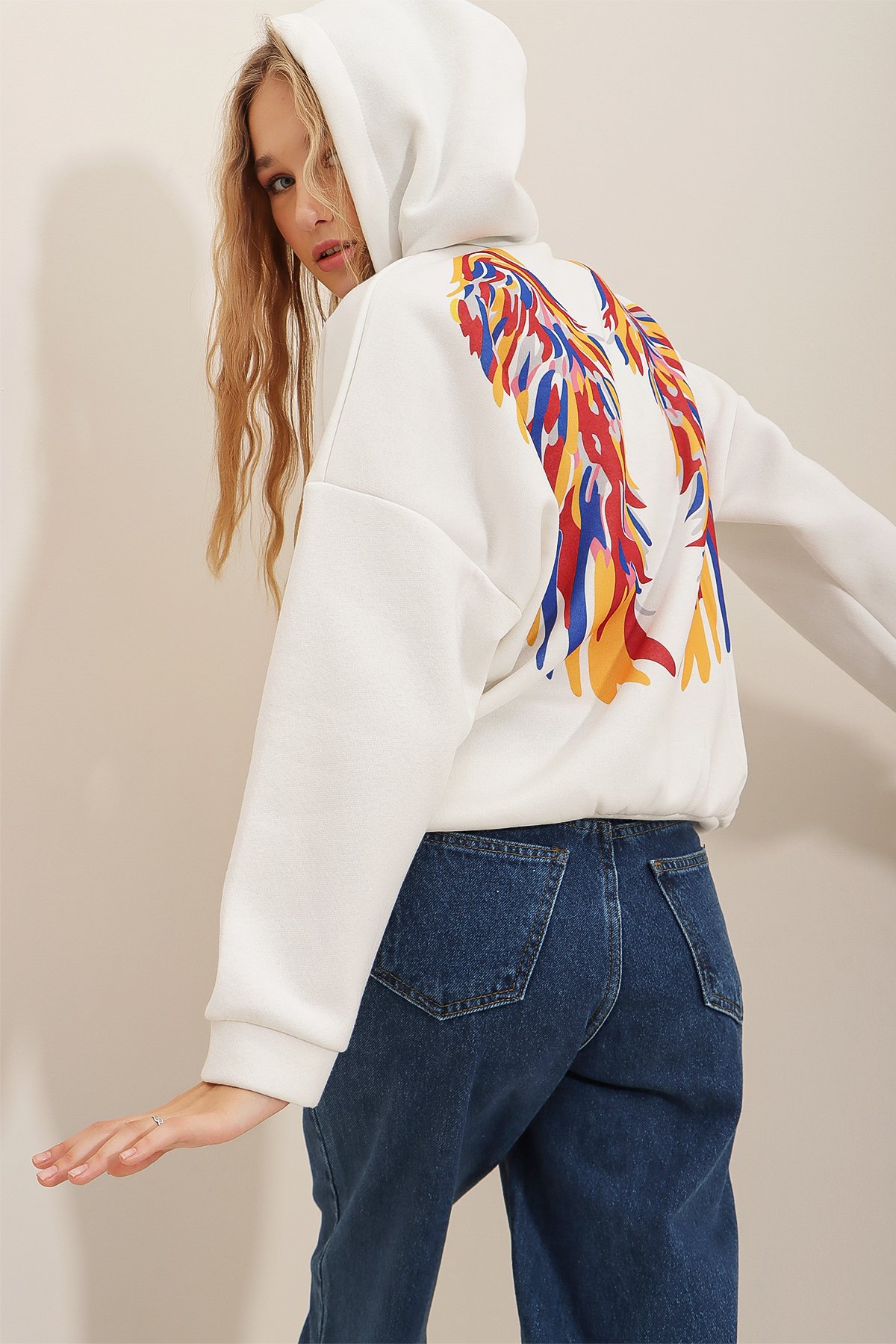 Kapüşonlu İçi Polarlı Baskılı Sweatshirt - Beyaz