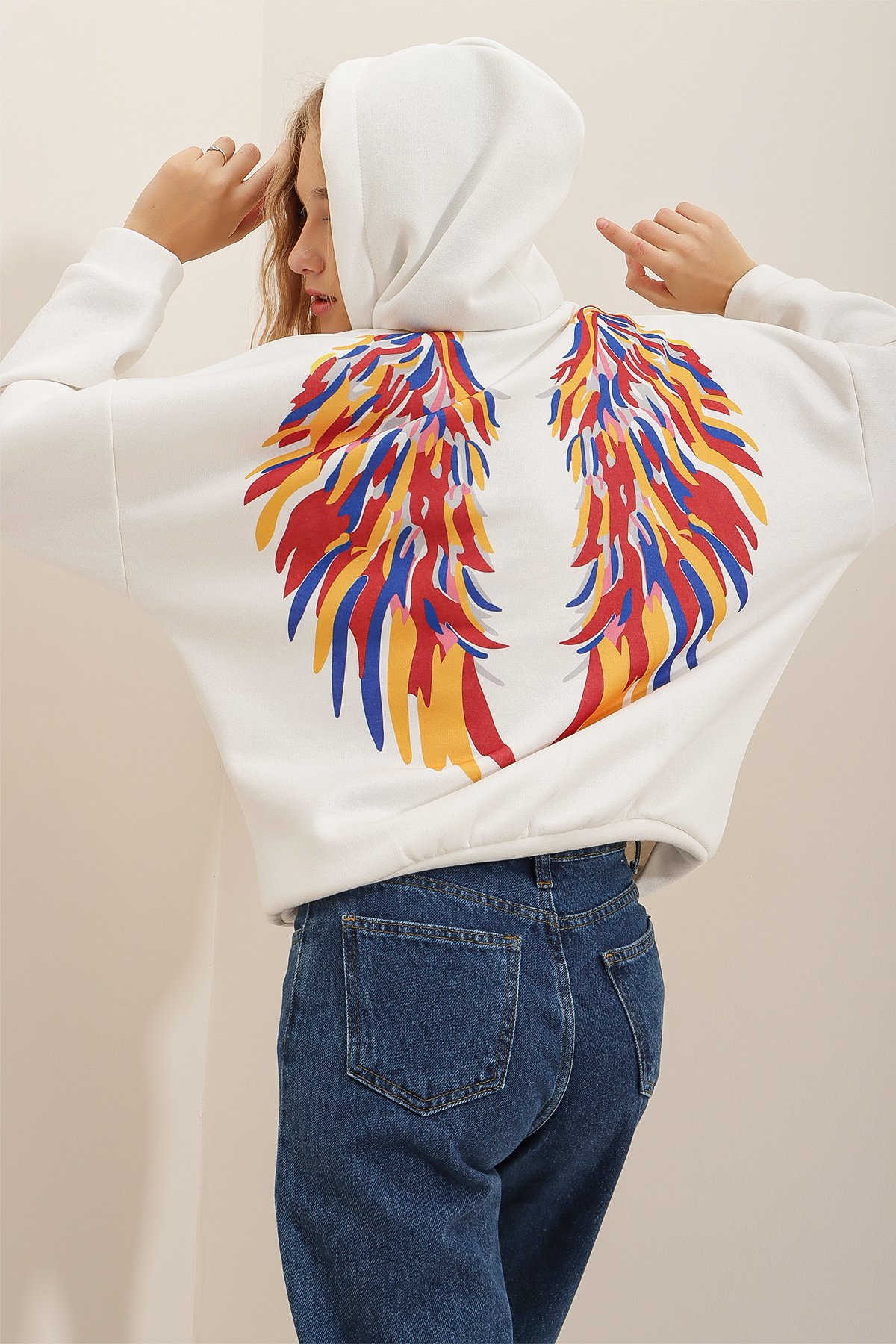 Kapüşonlu İçi Polarlı Baskılı Sweatshirt - Beyaz
