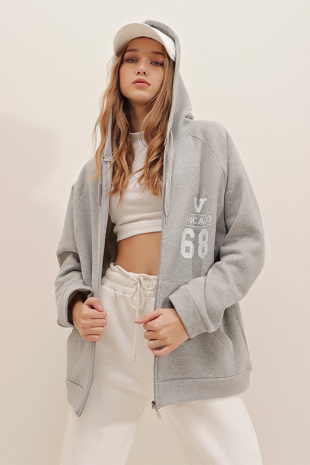 Kapüşonlu İçi Polarlı Oversize Baskılı 3 İplik Fermuarlı Sweatshirt Ceket - Grimelanj