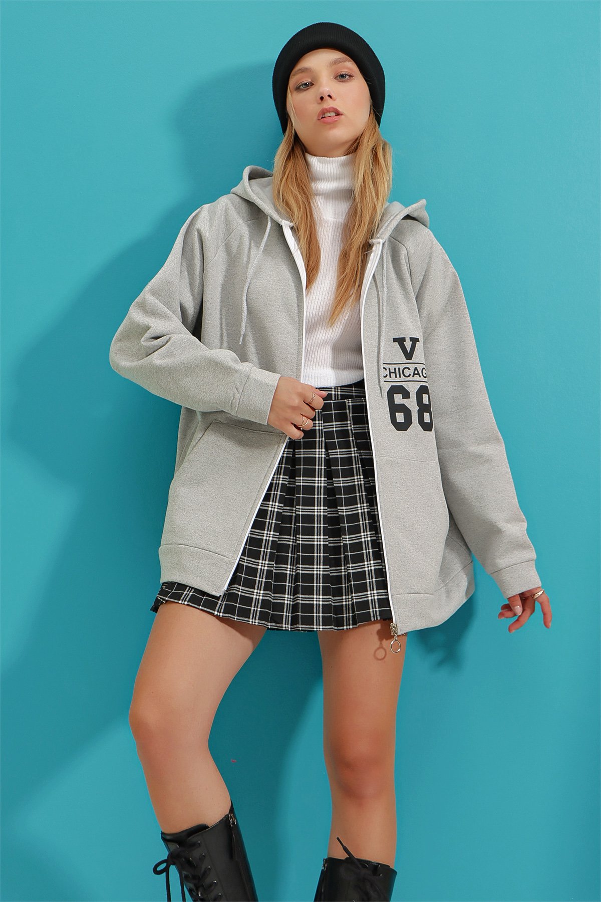 Kapüşonlu İçi Polarlı Oversize Baskılı 3 İplik Fermuarlı Sweatshirt Ceket - Grimelanj