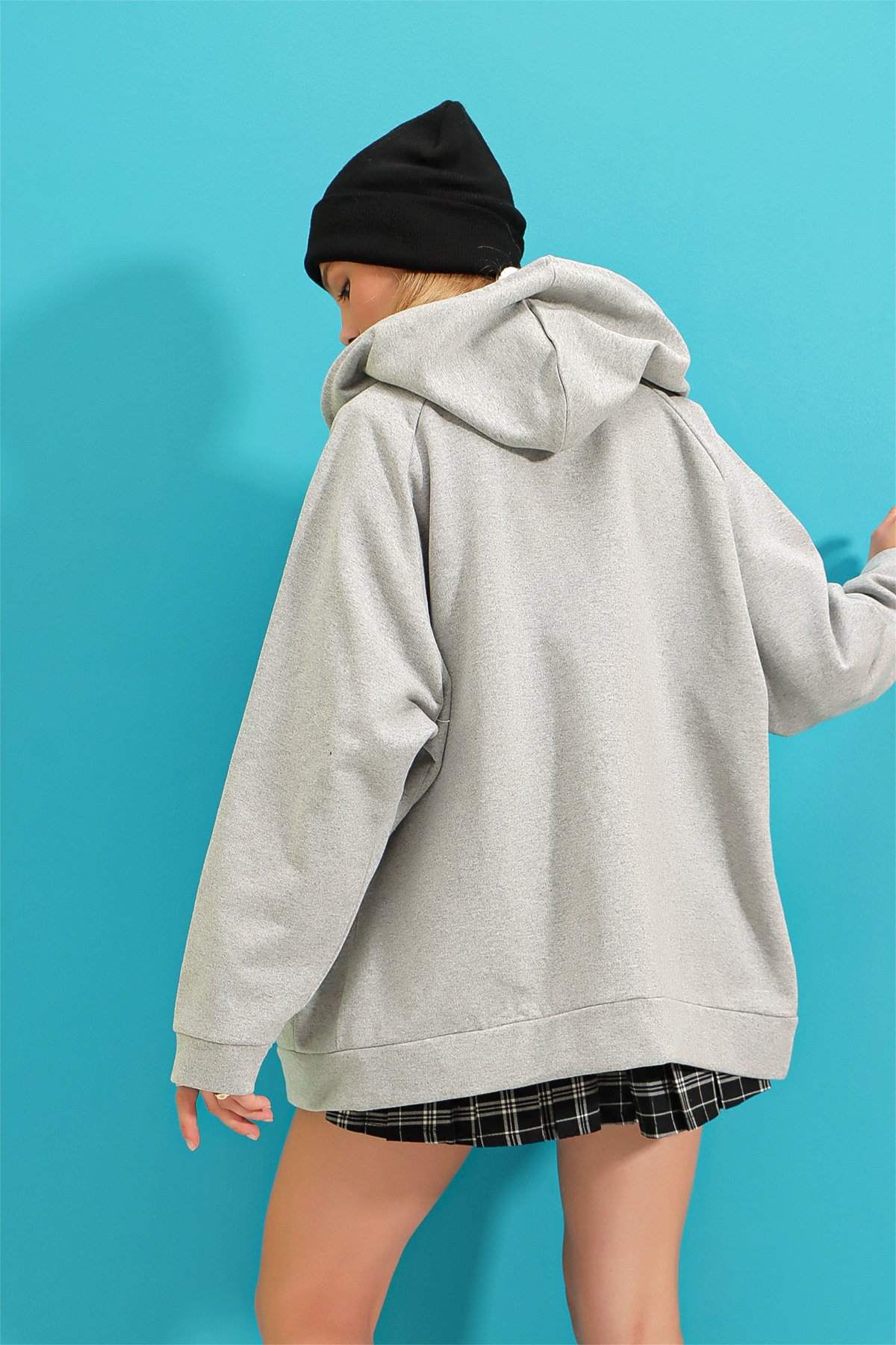 Kapüşonlu İçi Polarlı Oversize Baskılı 3 İplik Fermuarlı Sweatshirt Ceket - Grimelanj
